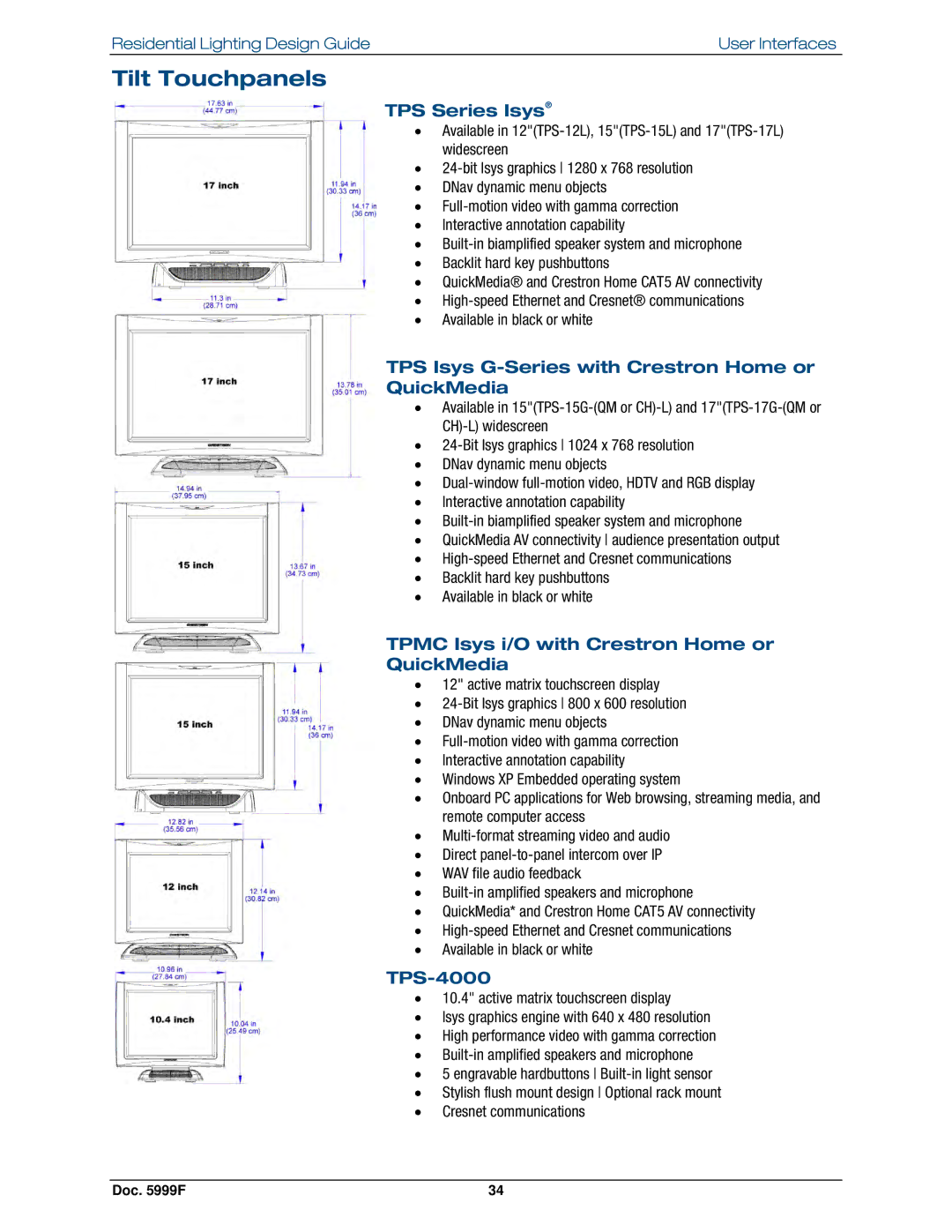 Crestron electronic Residential Lighting manual Tilt Touchpanels, TPS-4000 