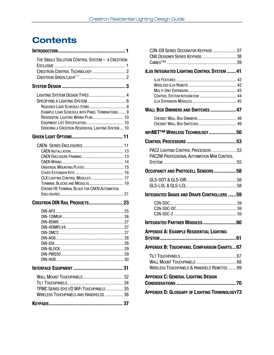 Crestron electronic Residential Lighting manual Contents 