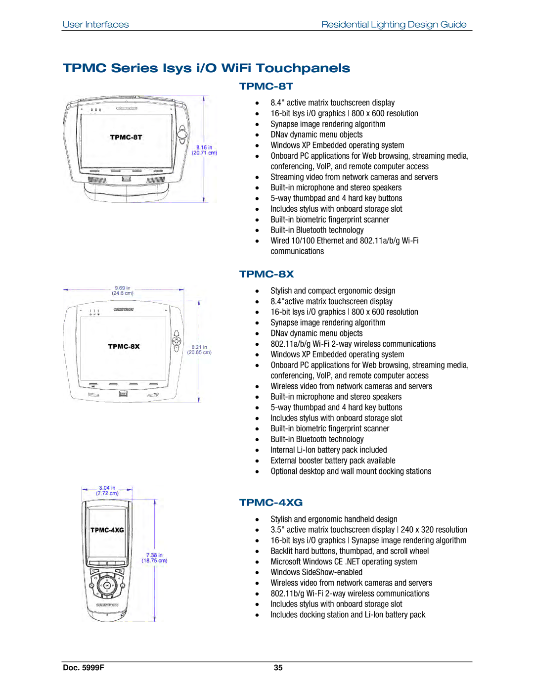 Crestron electronic Residential Lighting manual Tpmc Series Isys i/O WiFi Touchpanels, TPMC-8T, TPMC-8X, TPMC-4XG 