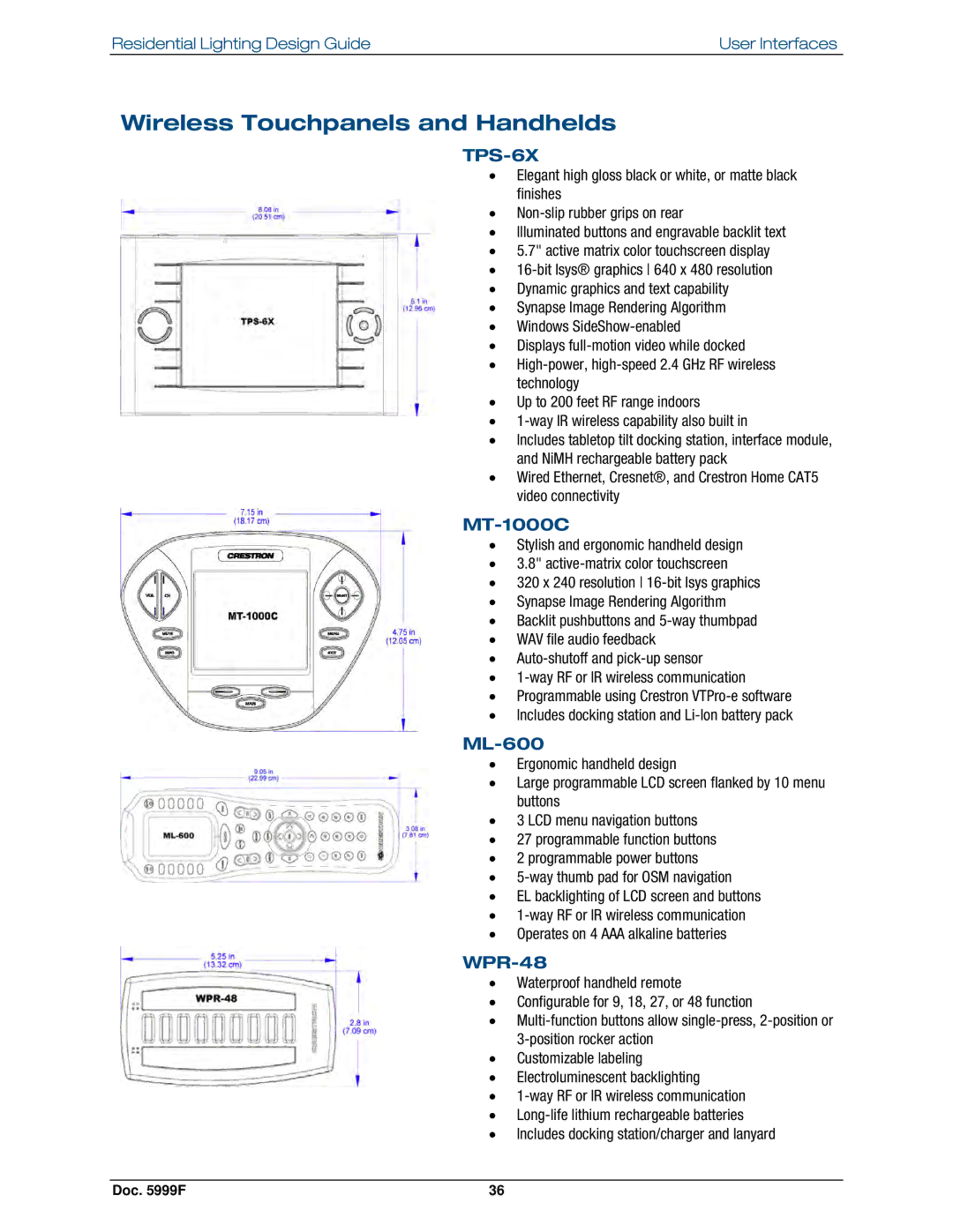 Crestron electronic Residential Lighting manual Wireless Touchpanels and Handhelds, TPS-6X, MT-1000C, ML-600, WPR-48 