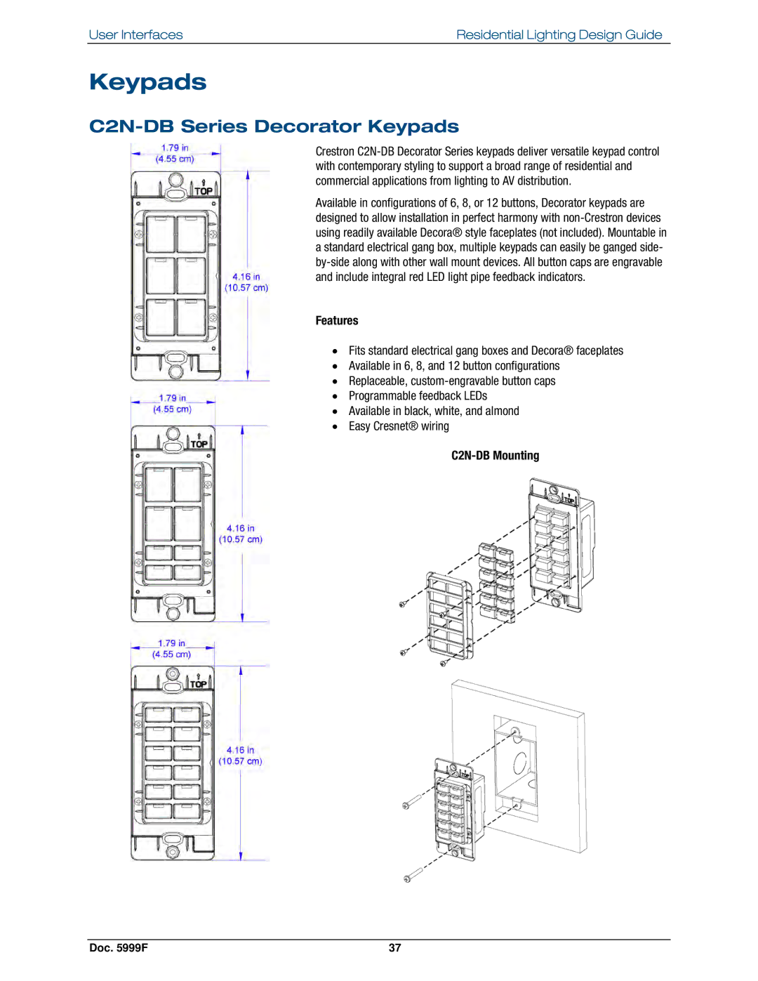 Crestron electronic Residential Lighting manual C2N-DB Series Decorator Keypads, C2N-DB Mounting 