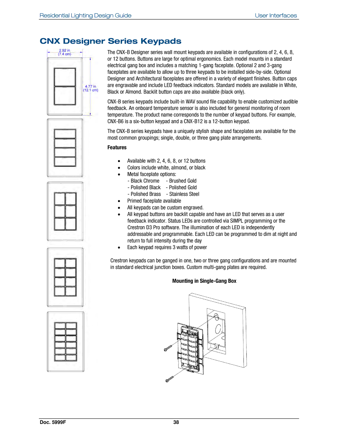 Crestron electronic Residential Lighting manual CNX Designer Series Keypads, Mounting in Single-Gang Box 