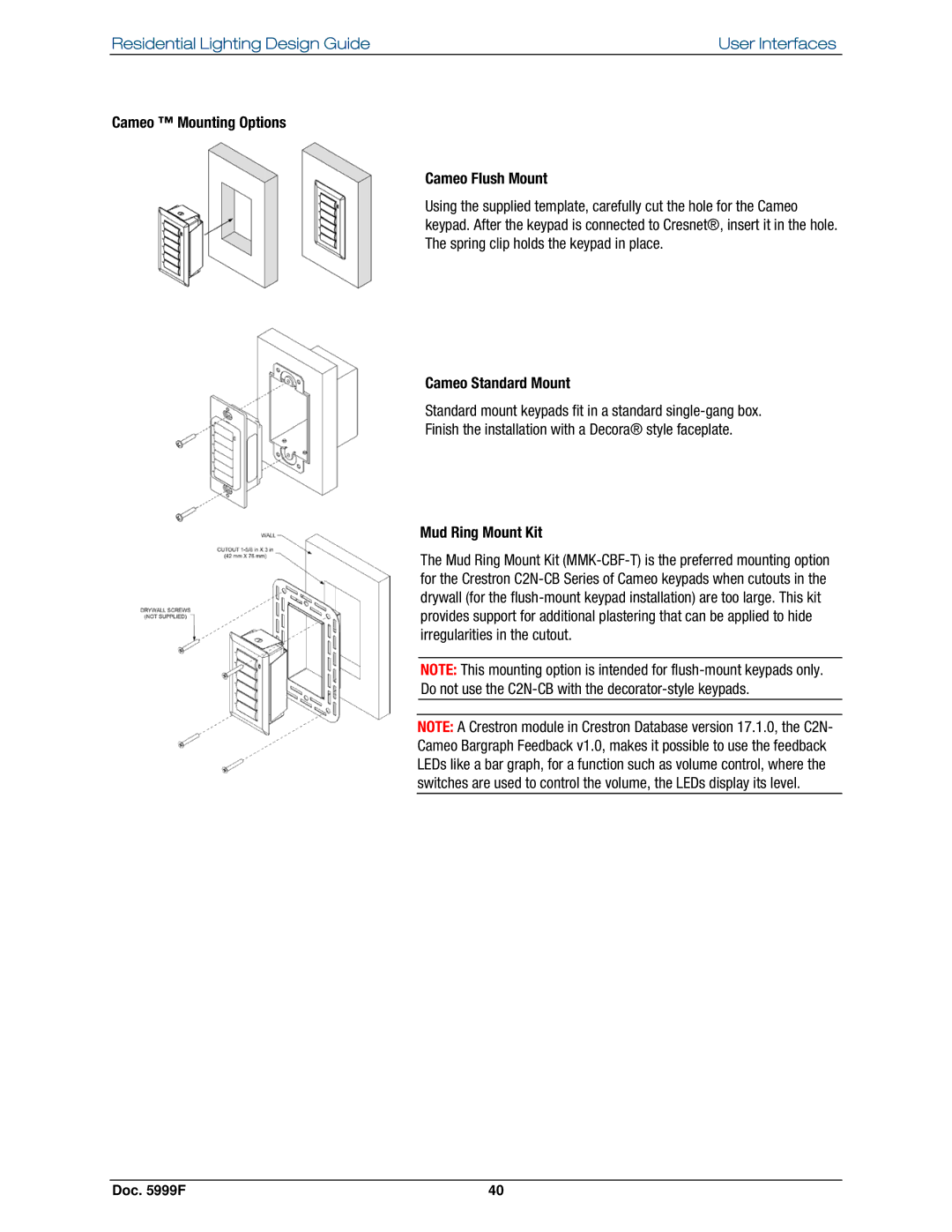 Crestron electronic Residential Lighting manual Cameo Mounting Options Cameo Flush Mount, Mud Ring Mount Kit 