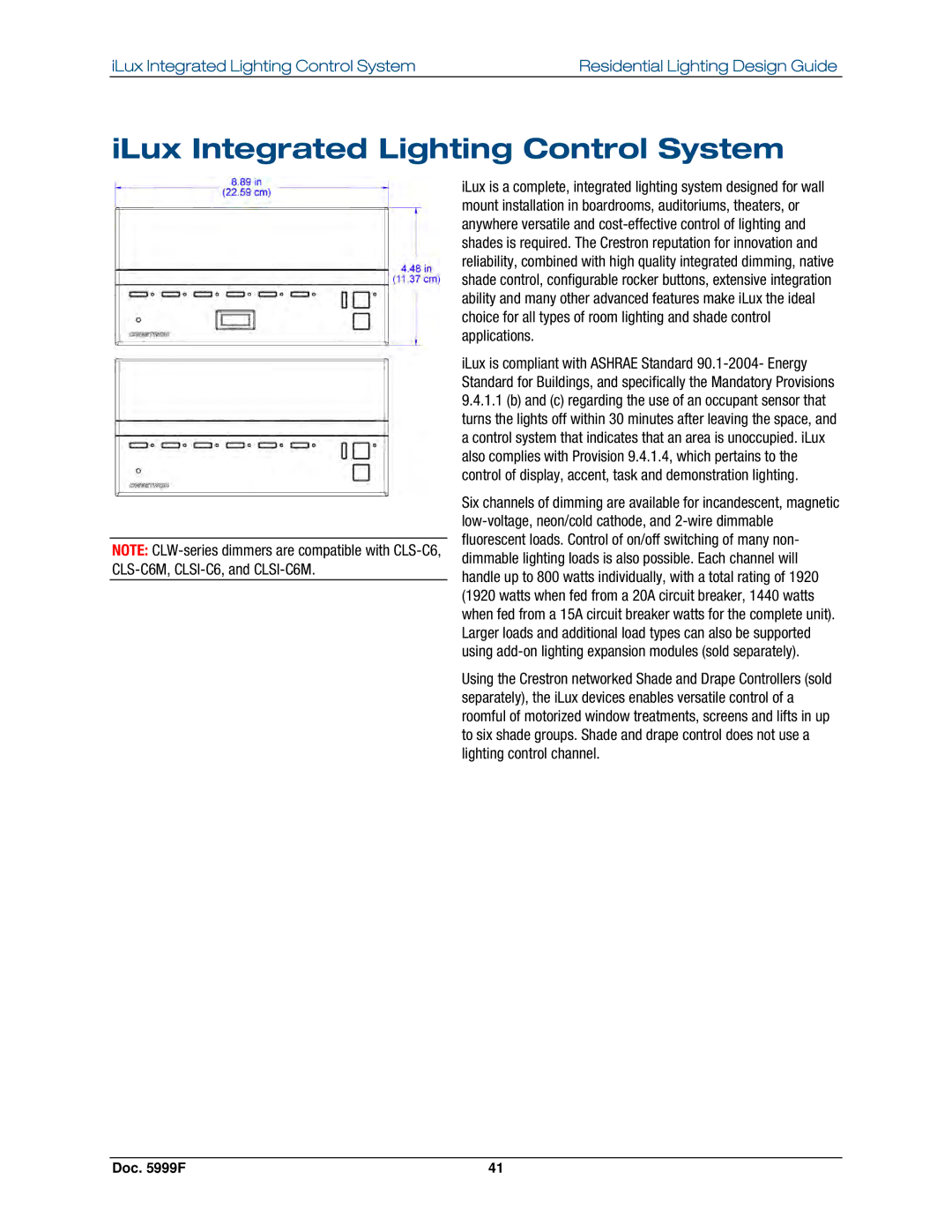 Crestron electronic Residential Lighting manual ILux Integrated Lighting Control System 