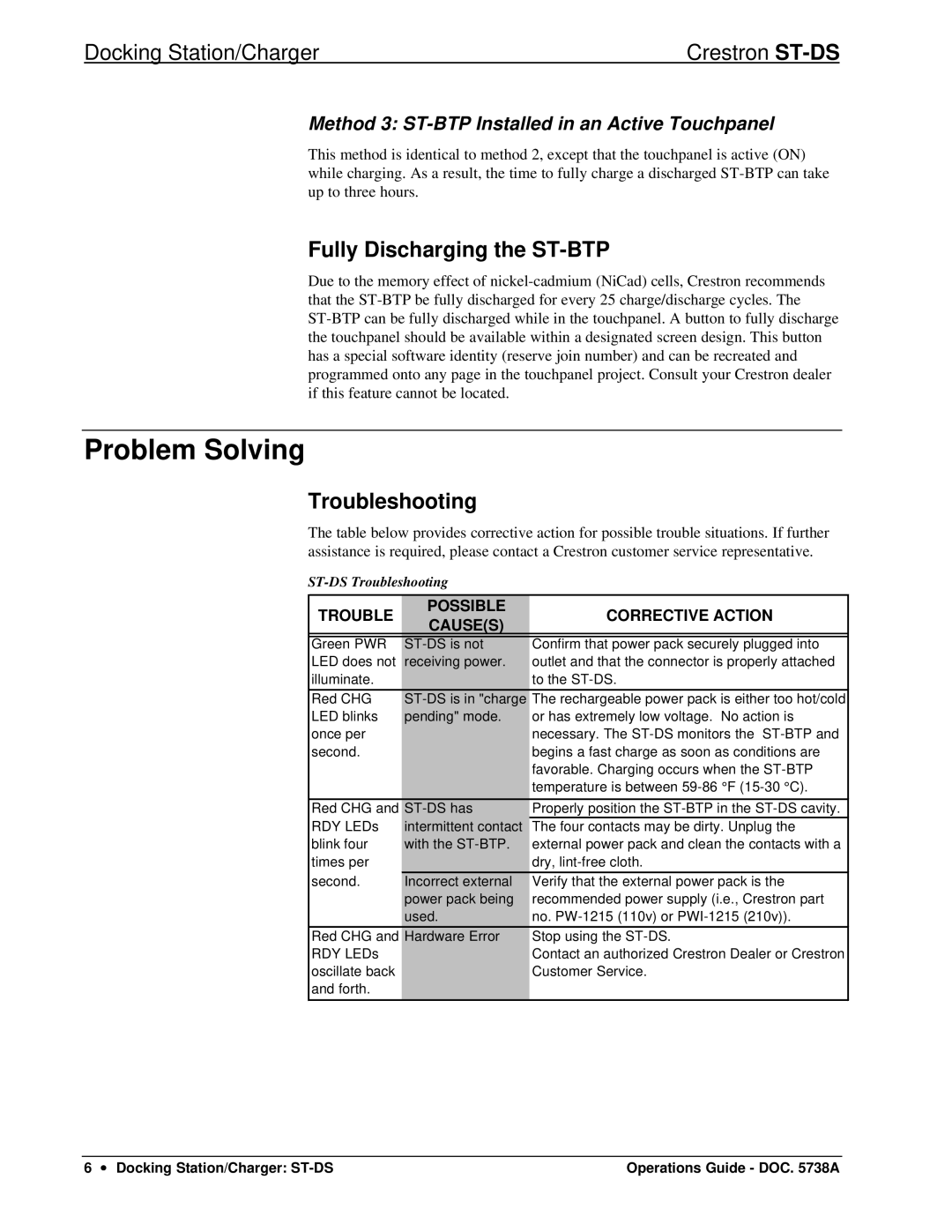 Crestron electronic ST-DS manual Problem Solving, Fully Discharging the ST-BTP, Troubleshooting 