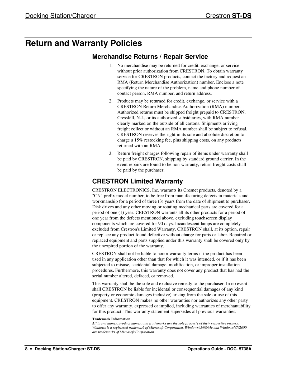 Crestron electronic ST-DS Return and Warranty Policies, Merchandise Returns / Repair Service, Crestron Limited Warranty 