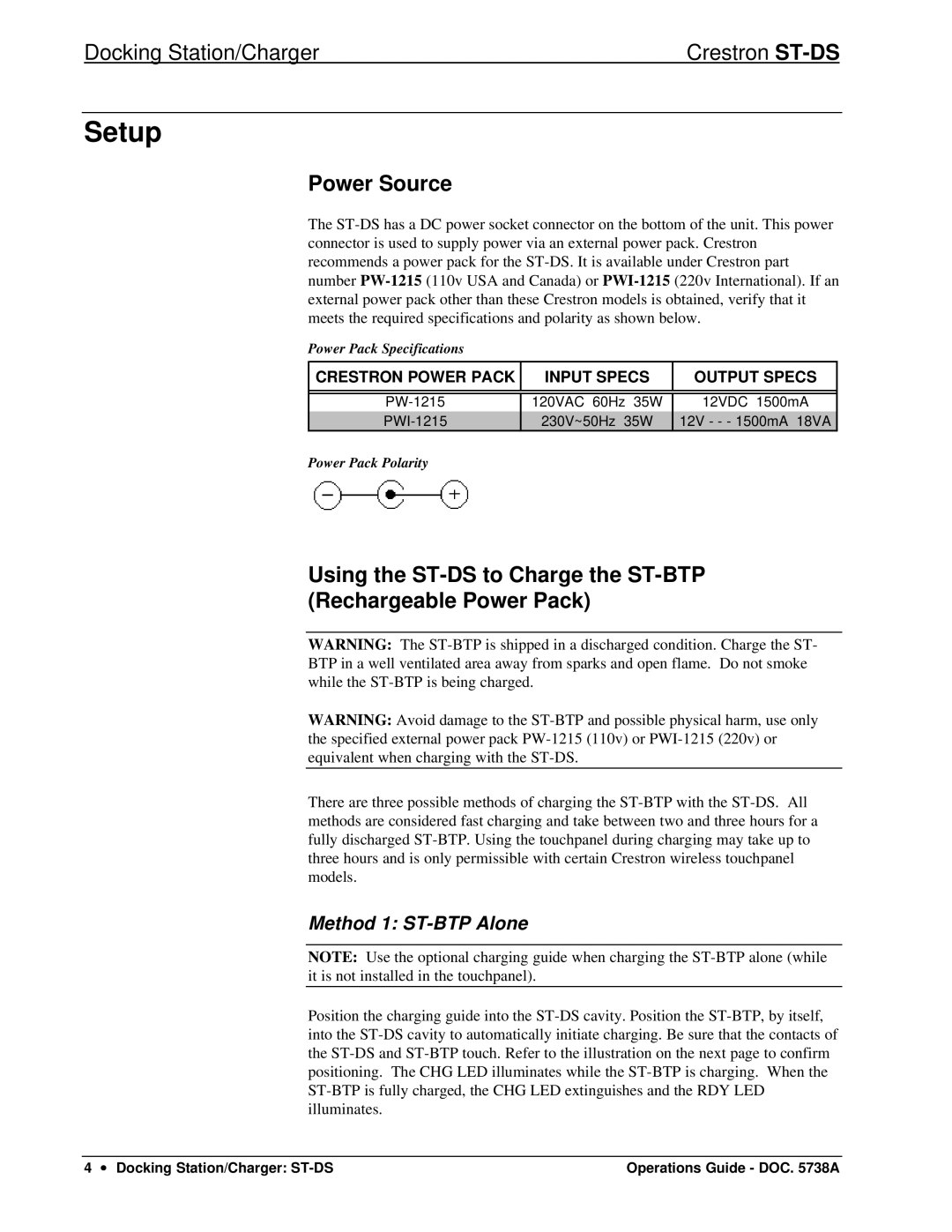 Crestron electronic ST-DS manual Setup, Power Source, Method 1 ST-BTP Alone 