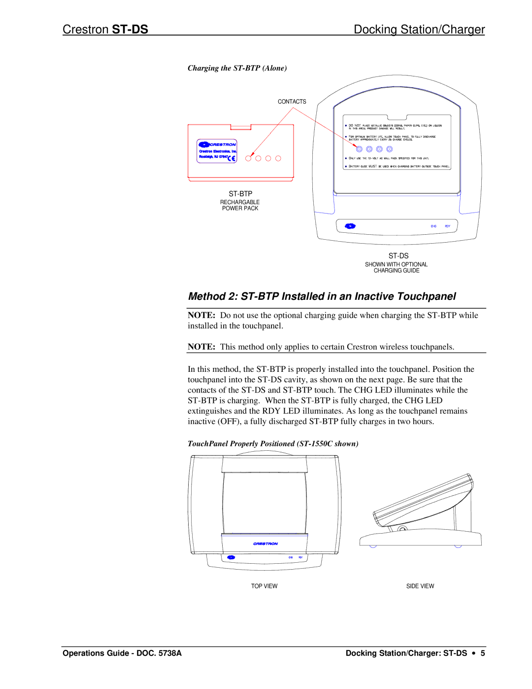 Crestron electronic ST-DS manual Method 2 ST-BTP Installed in an Inactive Touchpanel 