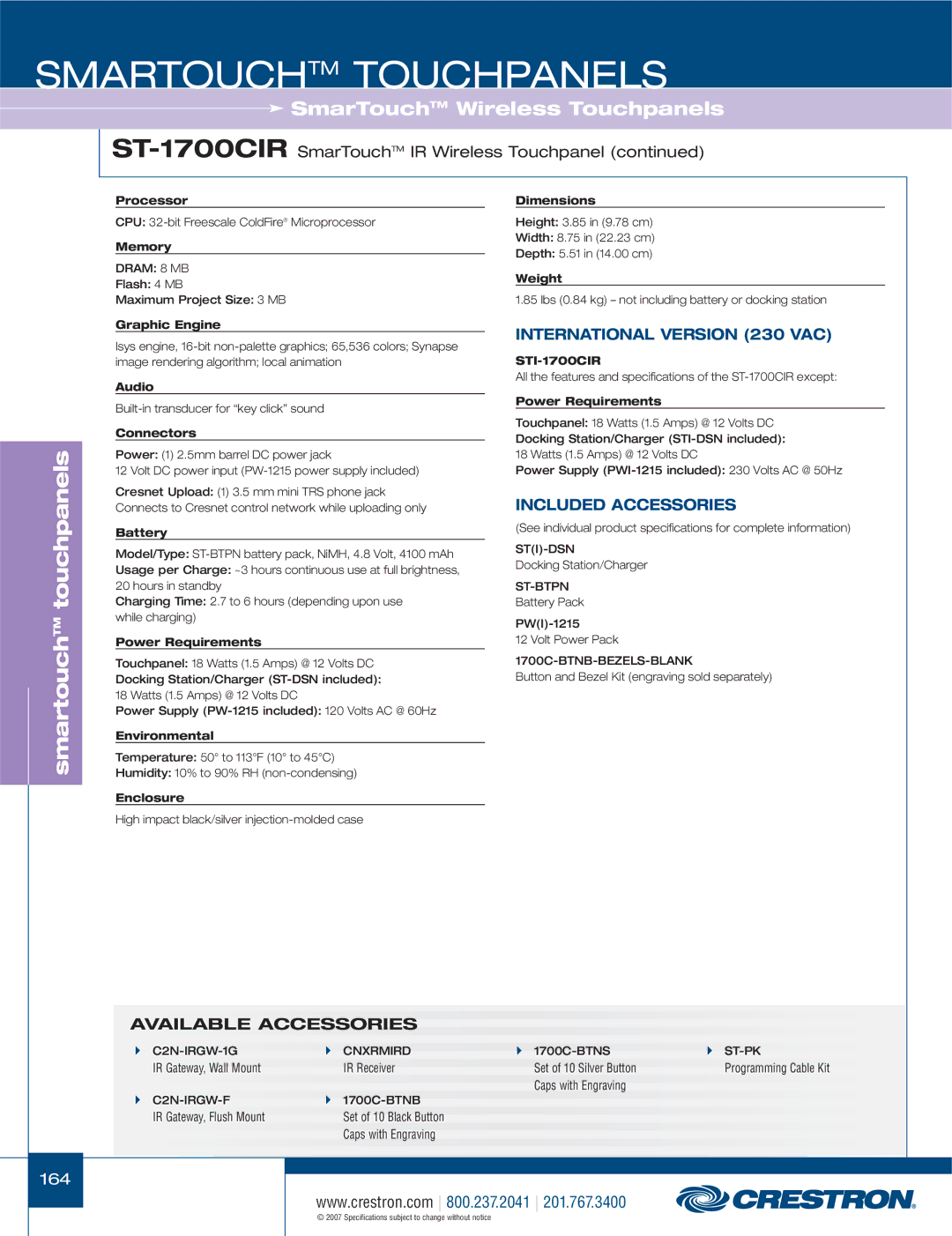 Crestron electronic TPS-1700, STX-1700CXPW, C2N-IRGW, CT-1550 manual ST-1700CIRSmarTouchTM IR Wireless Touchpanel, STI-1700CIR 