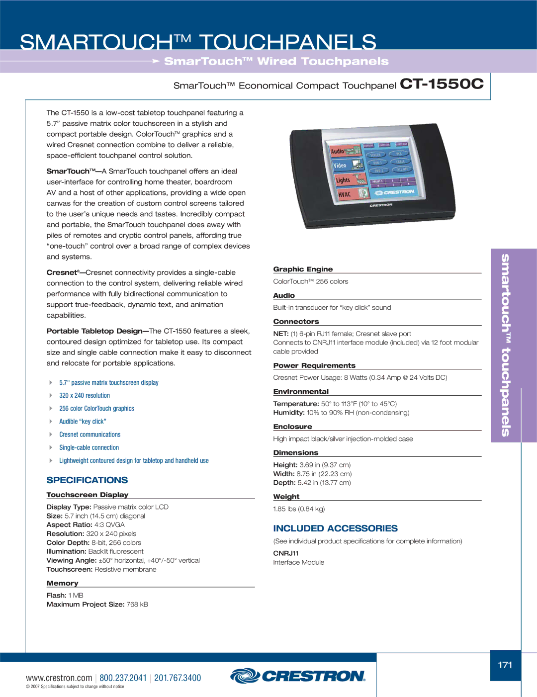 Crestron electronic STX-1700CXPW, TPS-1700, ST-1700CIR, C2N-IRGW manual SmarTouch Economical Compact Touchpanel CT-1550C 