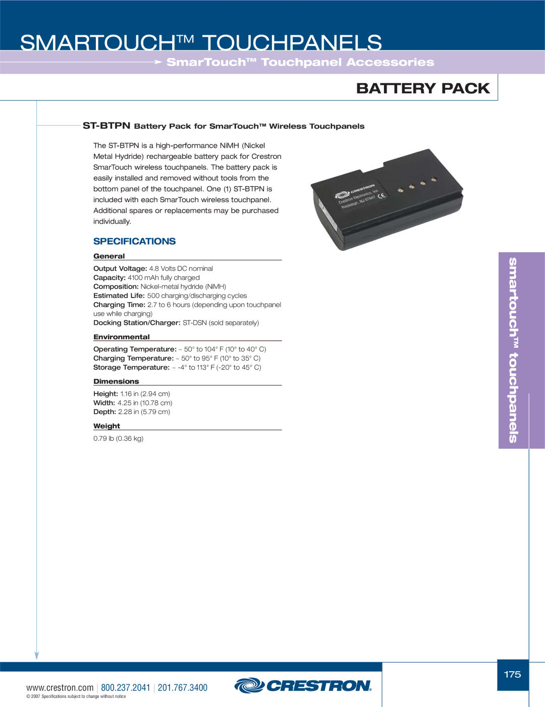 Crestron electronic TPS-1700, STX-1700CXPW, C2N-IRGW ST-BTPNBattery Pack for SmarTouch Wireless Touchpanels, General 