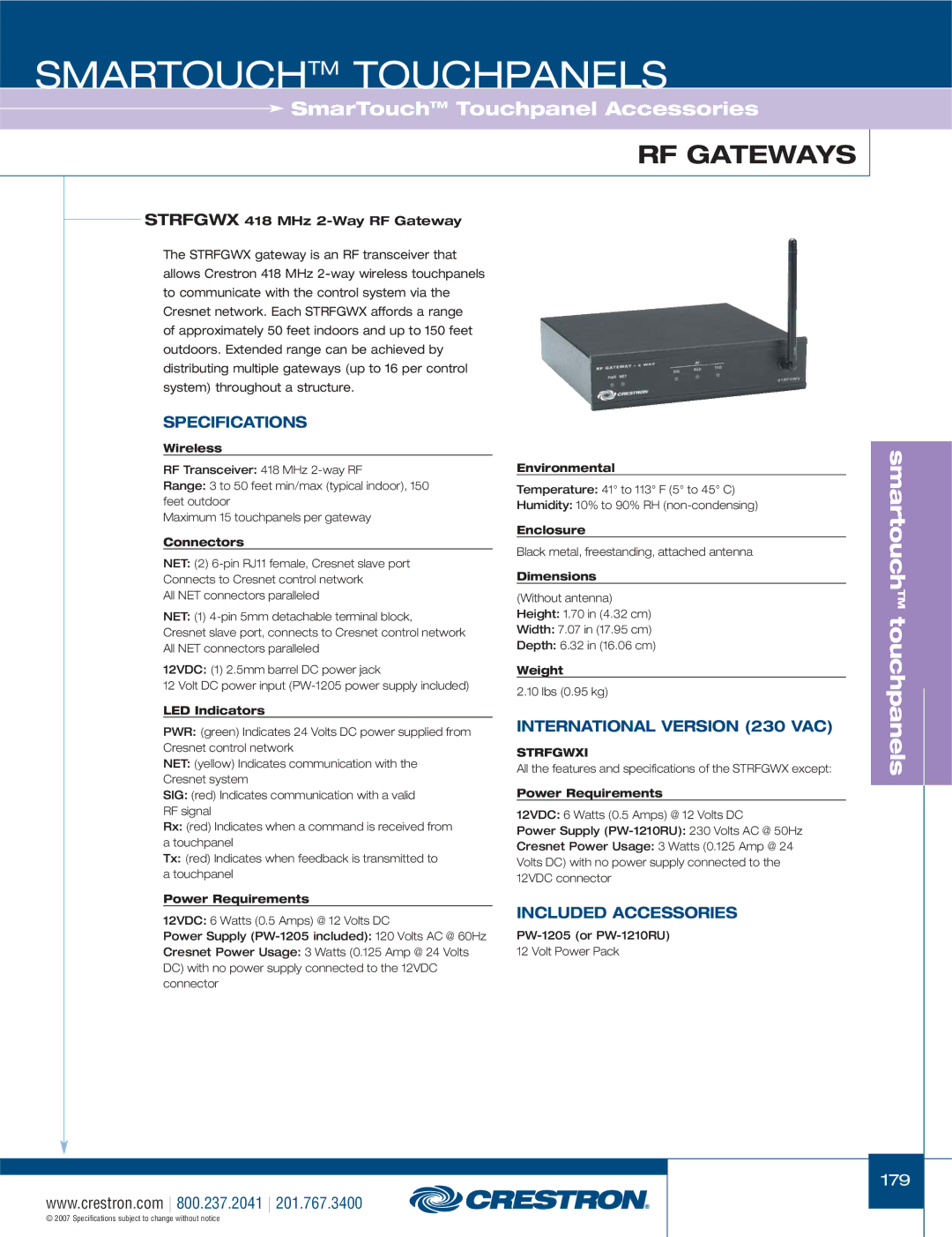 Crestron electronic C2N-IRGW, TPS-1700, STX-1700CXPW, ST-1700CIR, CT-1550 manual Strfgwx 418 MHz 2-Way RF Gateway, Strfgwxi 