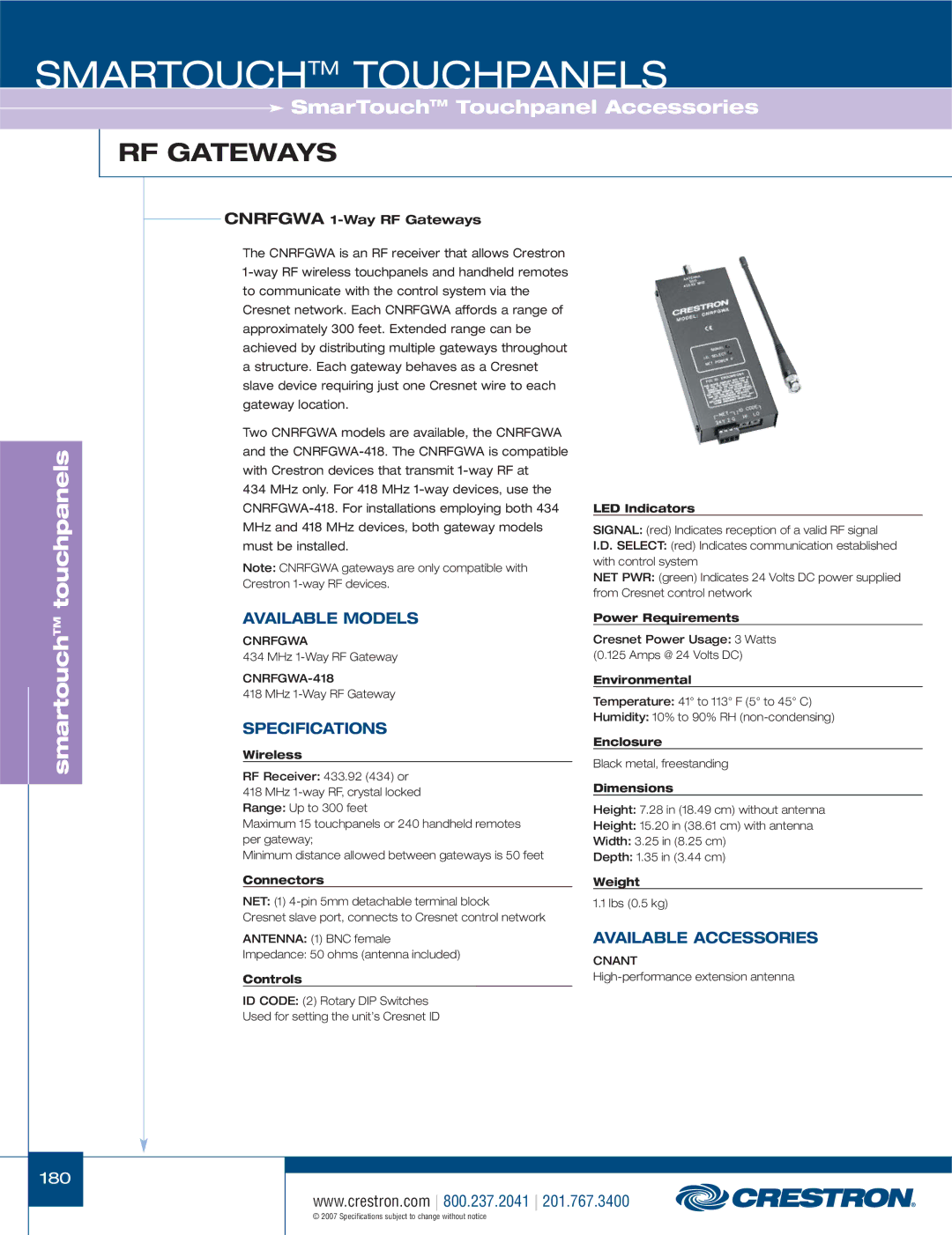 Crestron electronic CT-1550, TPS-1700, STX-1700CXPW, ST-1700CIR, C2N-IRGW manual Cnrfgwa 1-Way RF Gateways, Controls 