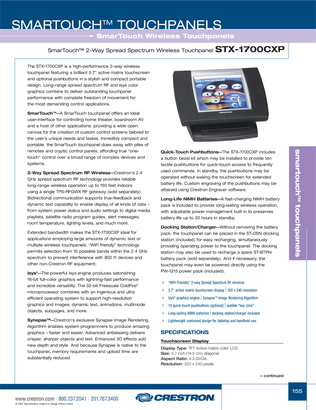 Crestron electronic C2N-IRGW, TPS-1700, STX-1700CXPW, ST-1700CIR, CT-1550 manual Smartouchtm Touchpanels, Touchscreen Display 