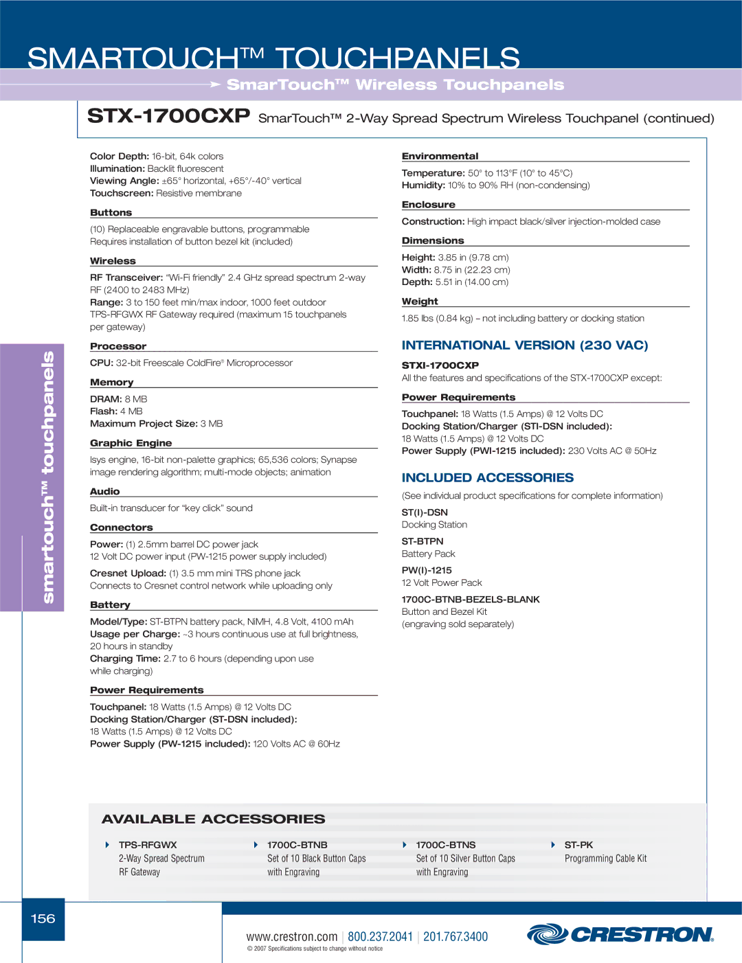 Crestron electronic CT-1550 Buttons, Wireless, Processor, Memory, Graphic Engine, Environmental, Enclosure, Dimensions 