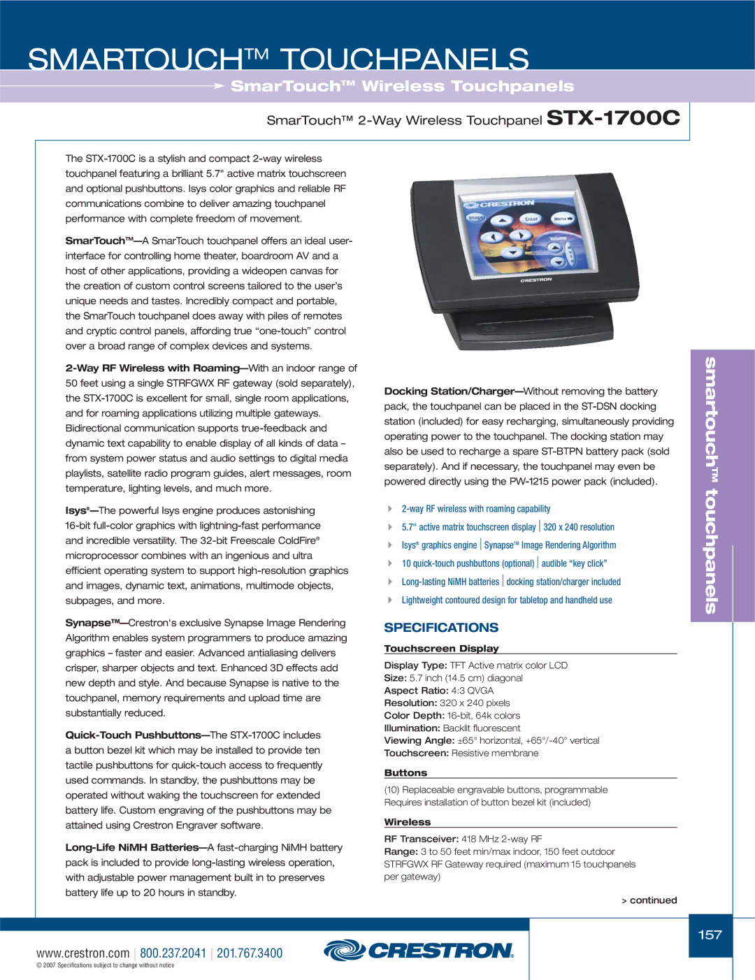 Crestron electronic TPS-1700, STX-1700CXPW, ST-1700CIR, C2N-IRGW, CT-1550 SmarTouch 2-Way Wireless Touchpanel STX-1700C 