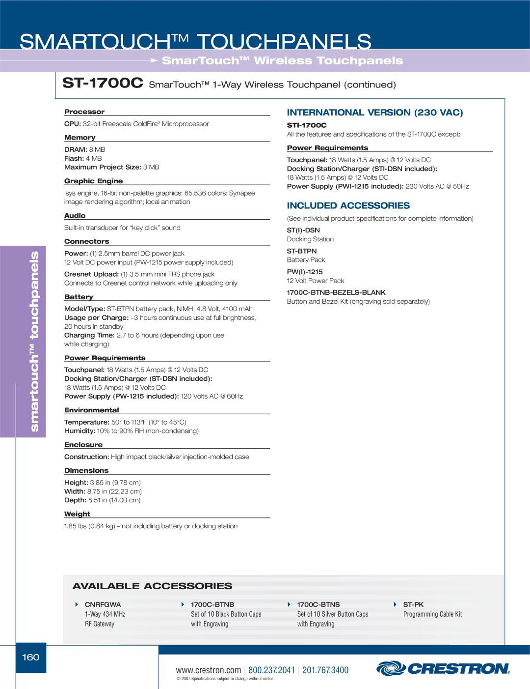 Crestron electronic ST-1700CIR, TPS-1700, STX-1700CXPW, C2N-IRGW manual ST-1700CSmarTouch 1-Way Wireless Touchpanel, STI-1700C 