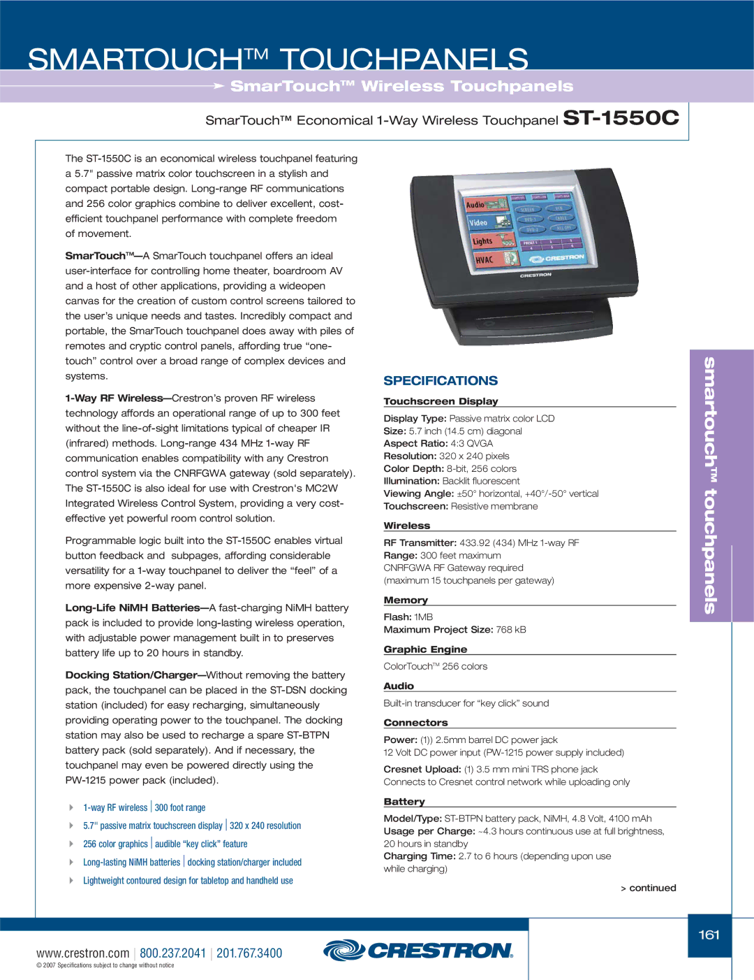 Crestron electronic C2N-IRGW, TPS-1700, STX-1700CXPW, ST-1700CIR SmarTouch Economical 1-Way Wireless Touchpanel ST-1550C 