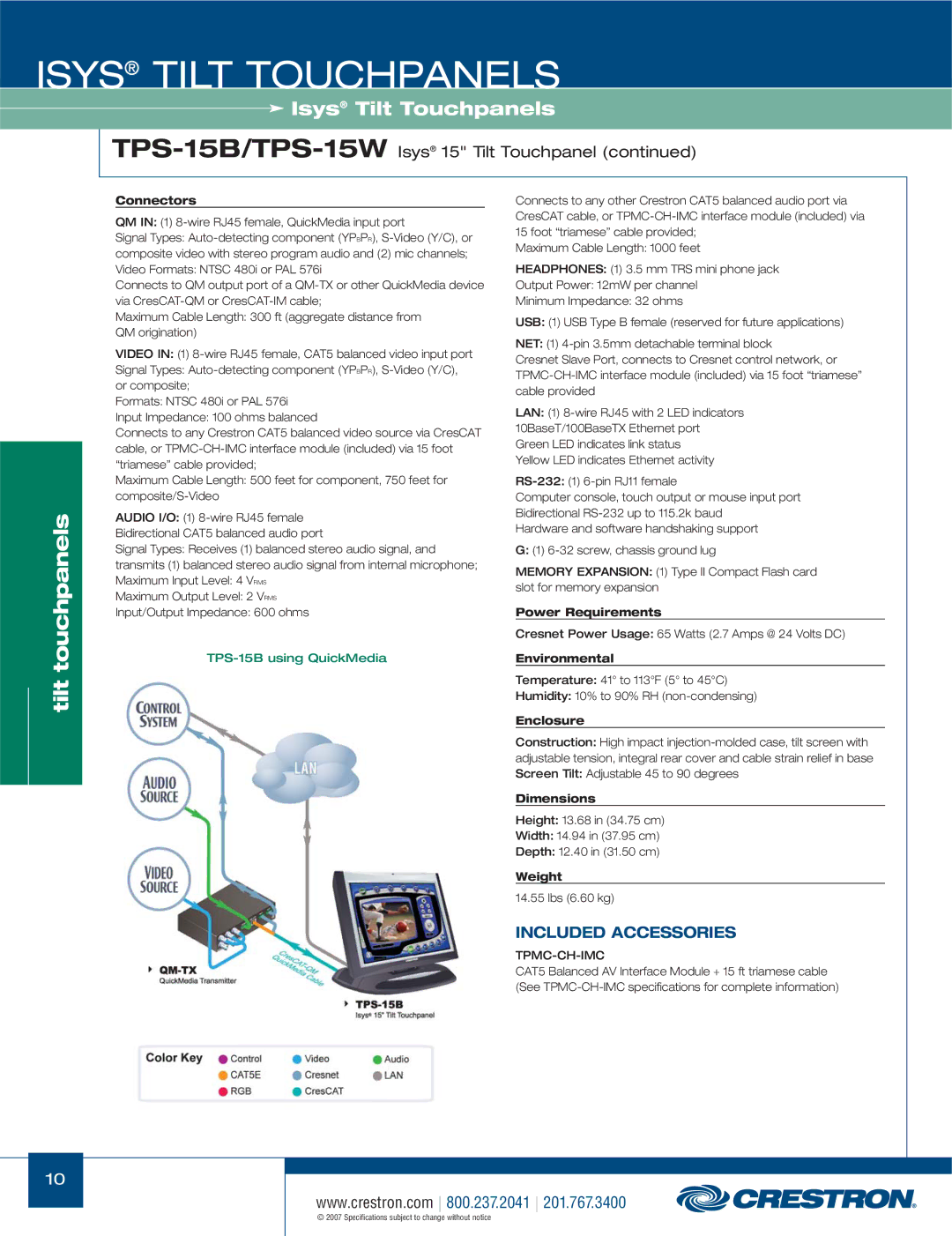 Crestron electronic TPS-3000, TPS-17W, TPS Series manual Cresnet Power Usage 65 Watts 2.7 Amps @ 24 Volts DC 