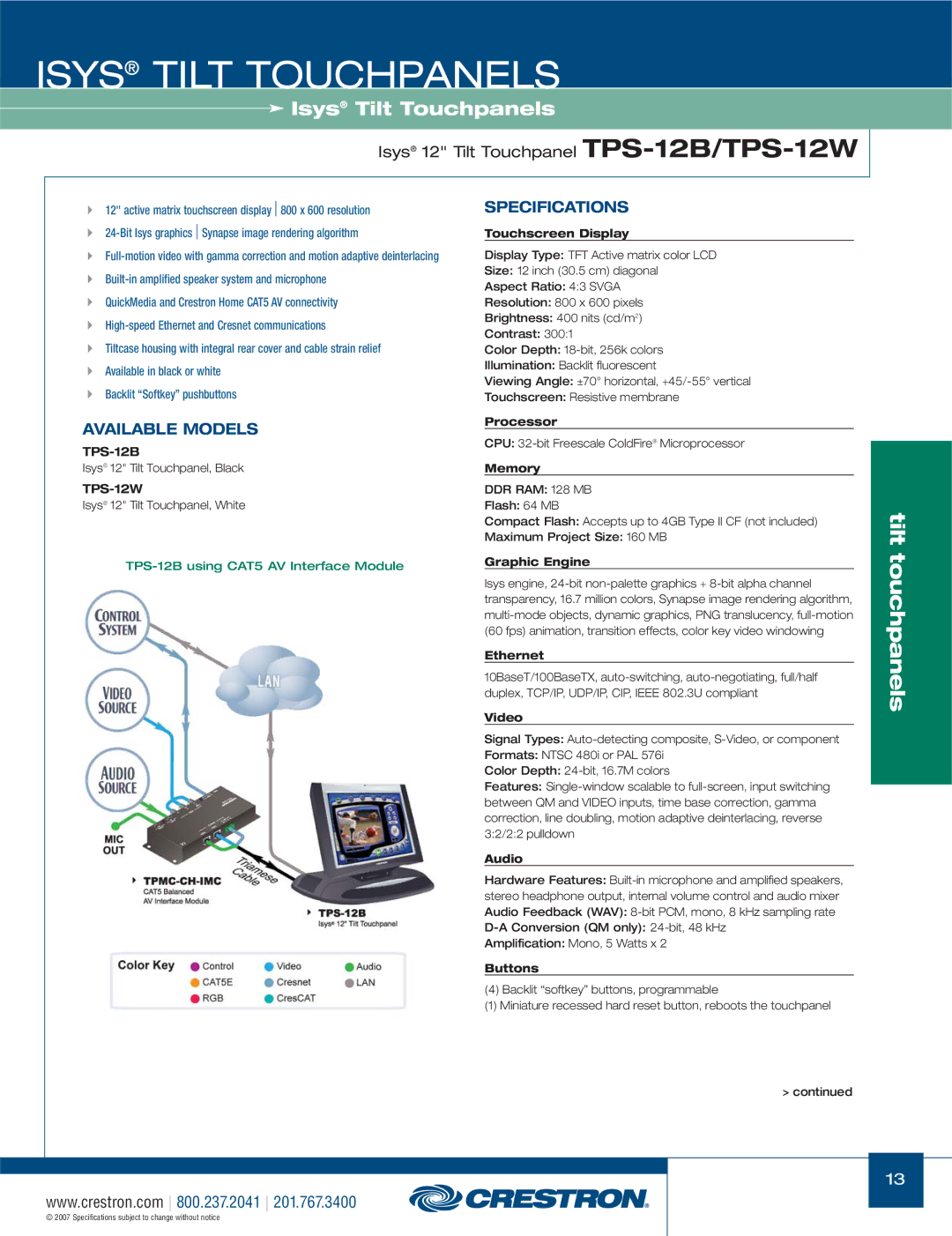 Crestron electronic TPS-3000, TPS-17W, TPS Series manual Isys 12 Tilt Touchpanel TPS-12B/TPS-12W, Touchscreen Display 