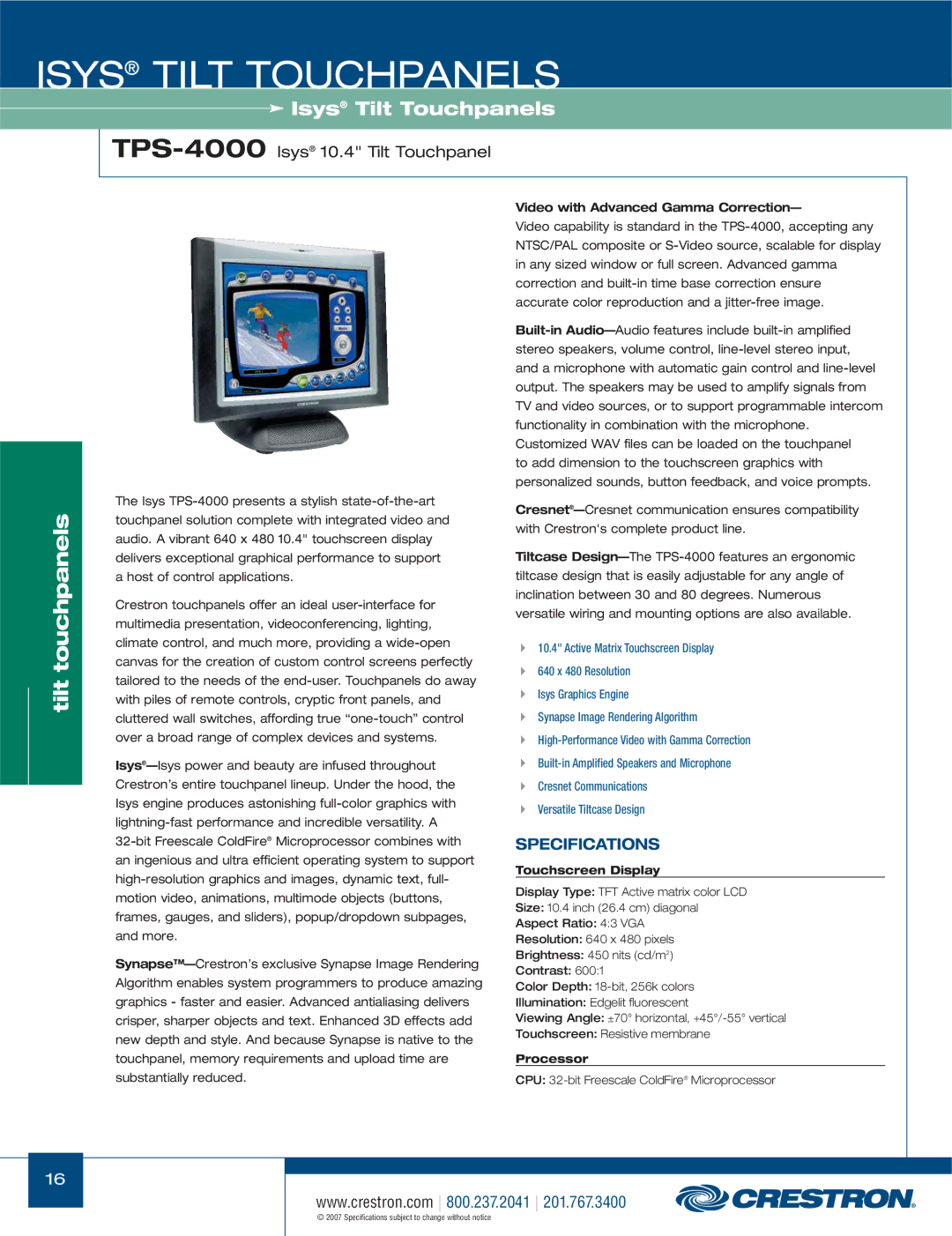 Crestron electronic TPS-3000, TPS-17W, TPS Series TPS-4000Isys 10.4 Tilt Touchpanel, Video with Advanced Gamma Correction 