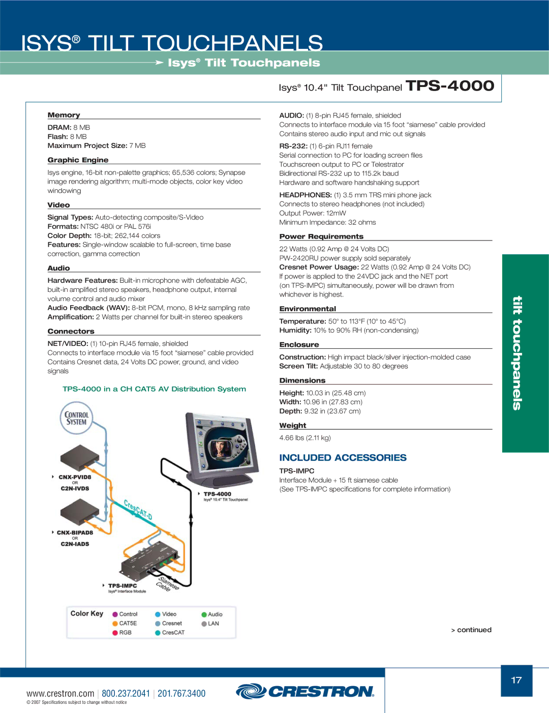 Crestron electronic TPS Series, TPS-17W, TPS-3000 manual Isys 10.4 Tilt Touchpanel TPS-4000, Tps-Impc 