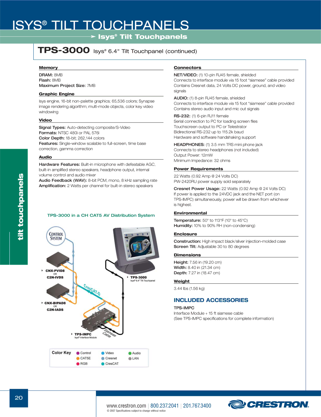 Crestron electronic TPS Series, TPS-17W manual TPS-3000Isys 6.4 Tilt Touchpanel, Memory 