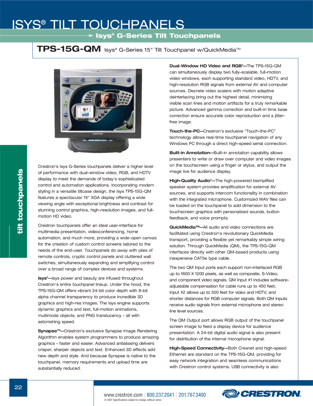 Crestron electronic TPS-3000, TPS-17W, TPS Series manual TPS-15G-QMIsys G-Series 15 Tilt Touchpanel w/QuickMediaTM 