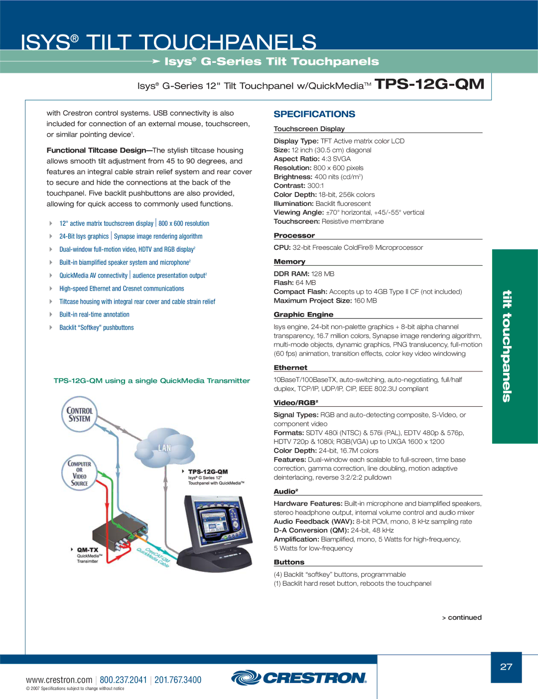 Crestron electronic TPS-17W, TPS-3000, TPS Series Isys G-Series 12 Tilt Touchpanel w/QuickMediaTM TPS-12G-QM, Processor 