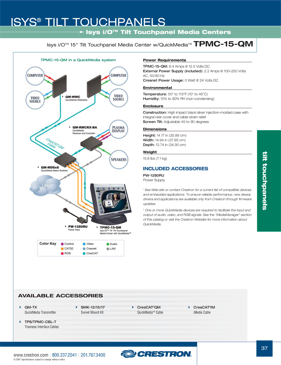 Crestron electronic TPS-3000, TPS-17W, TPS Series manual TPMC-15-QM 8.4 Amps @ 12.5 Volts DC 