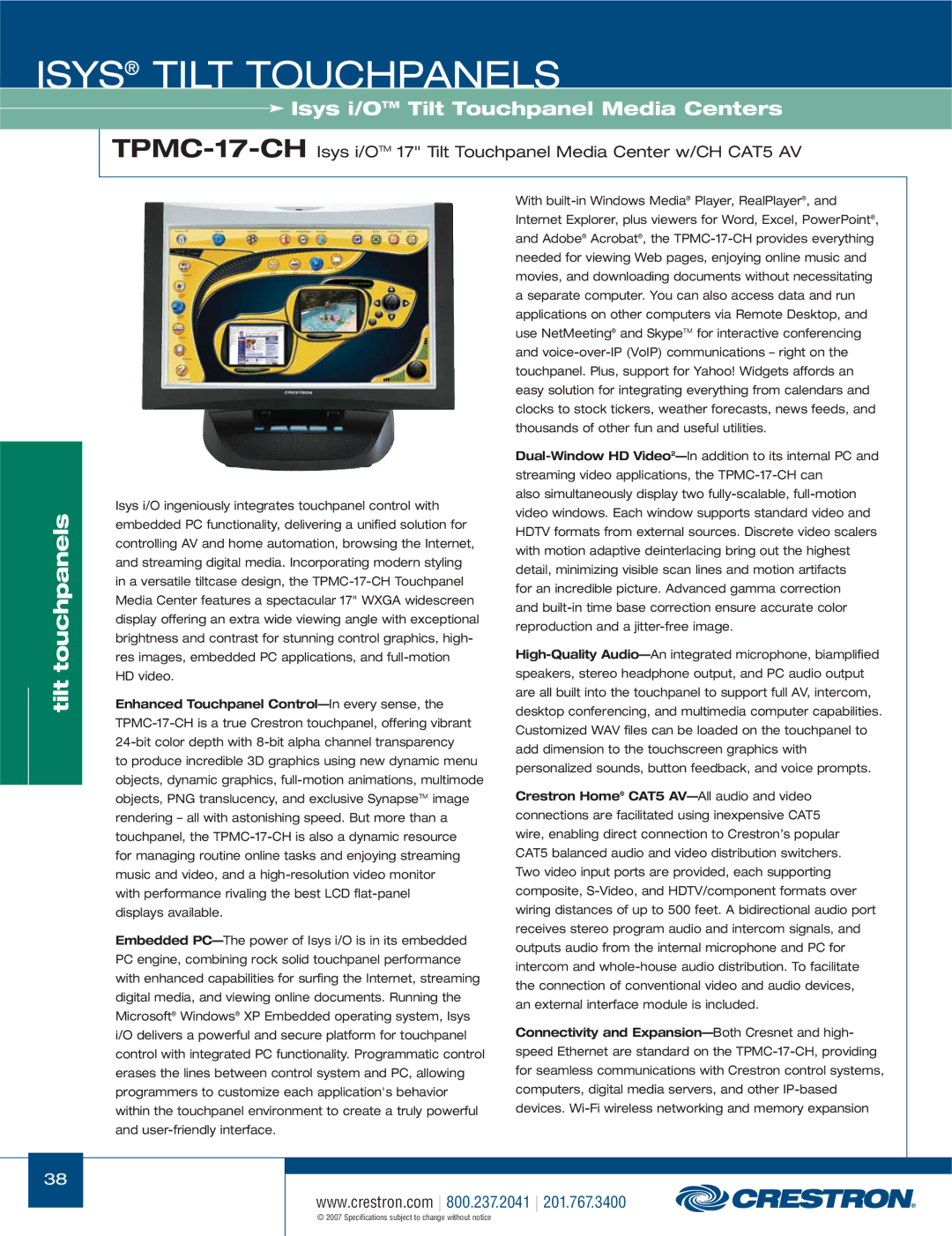 Crestron electronic TPS Series, TPS-17W, TPS-3000 manual Isys Tilt Touchpanels 