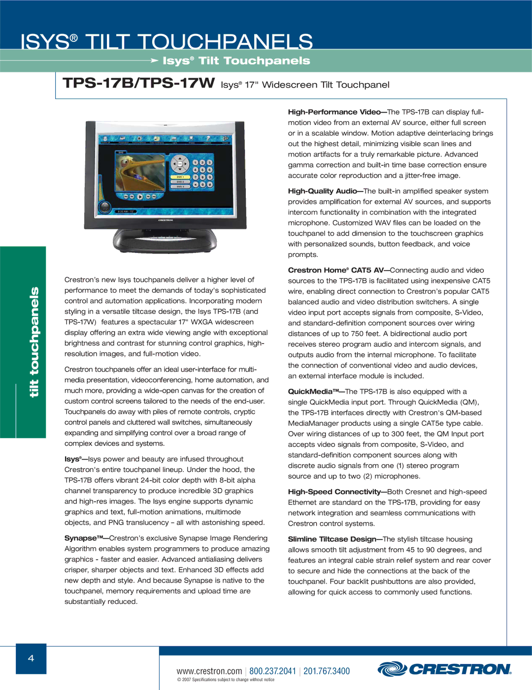 Crestron electronic TPS-3000, TPS Series manual Isys Tilt Touchpanels, TPS-17B/TPS-17WIsys 17 Widescreen Tilt Touchpanel 