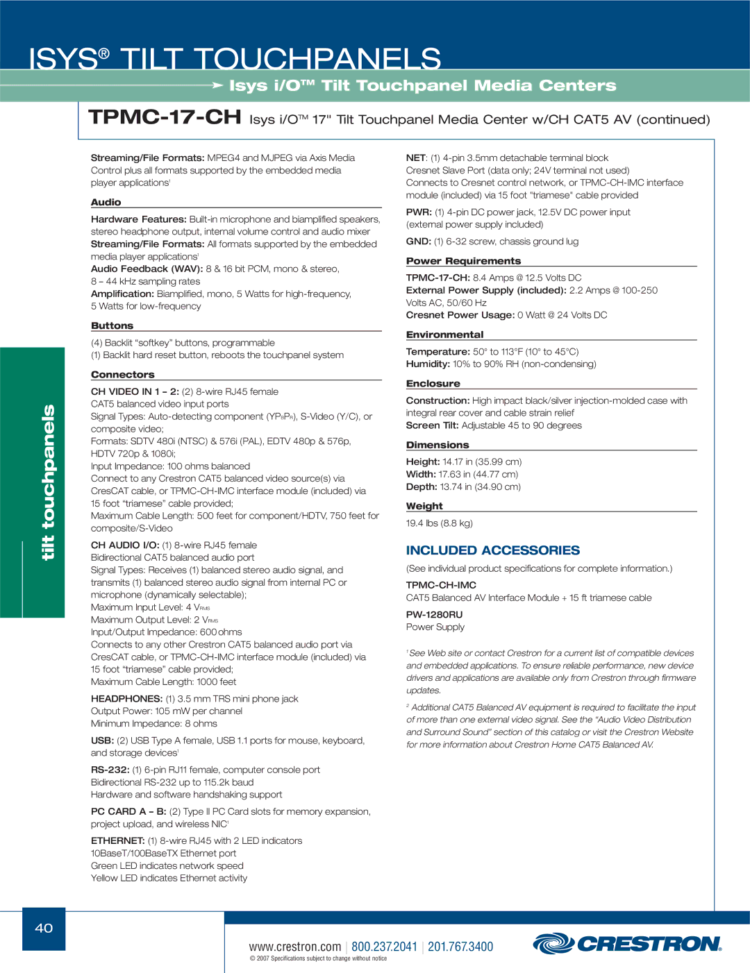 Crestron electronic TPS-3000, TPS-17W, TPS Series manual Included Accessories 