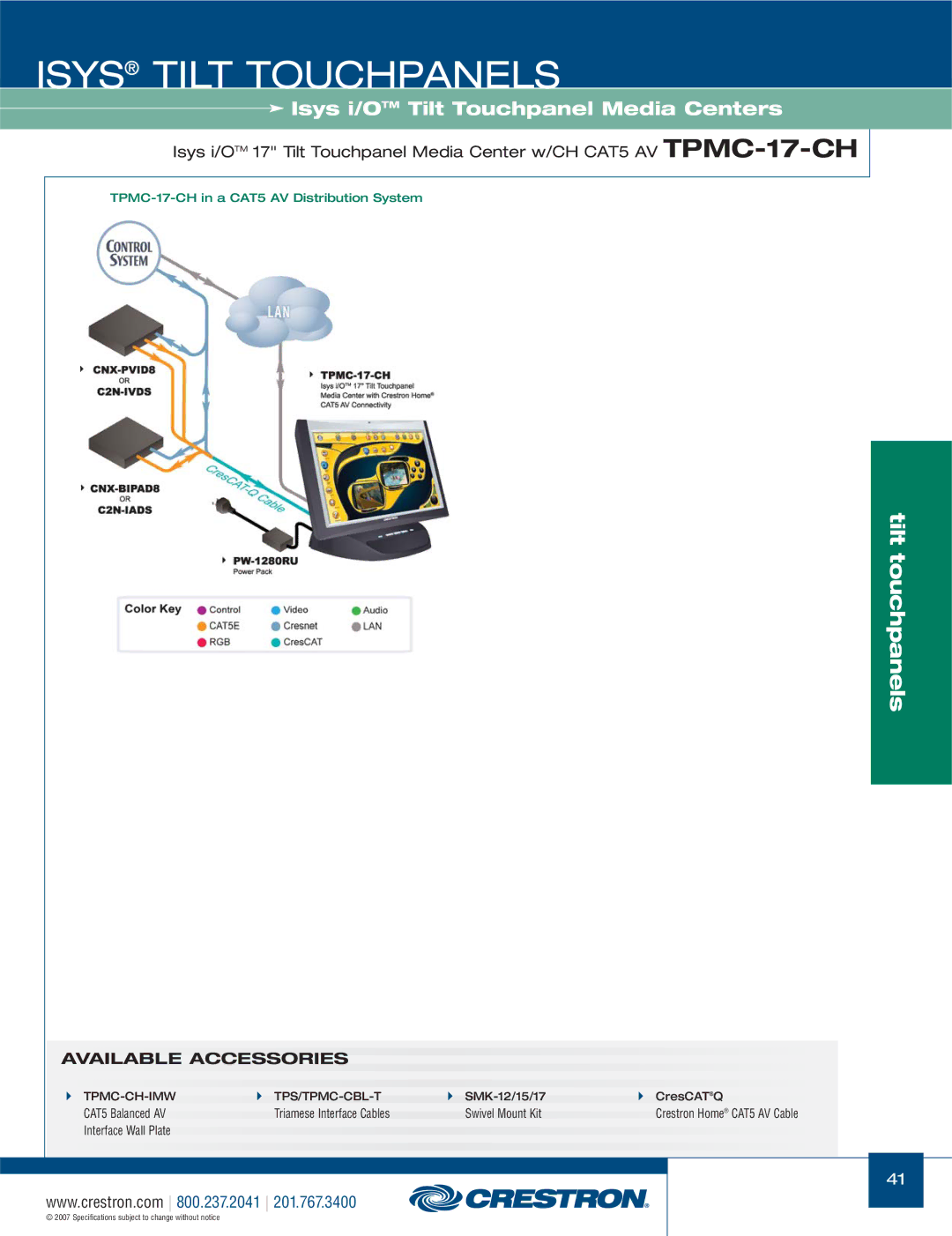 Crestron electronic TPS Series, TPS-17W, TPS-3000 manual CAT5 Balanced AV Triamese Interface Cables Swivel Mount Kit 