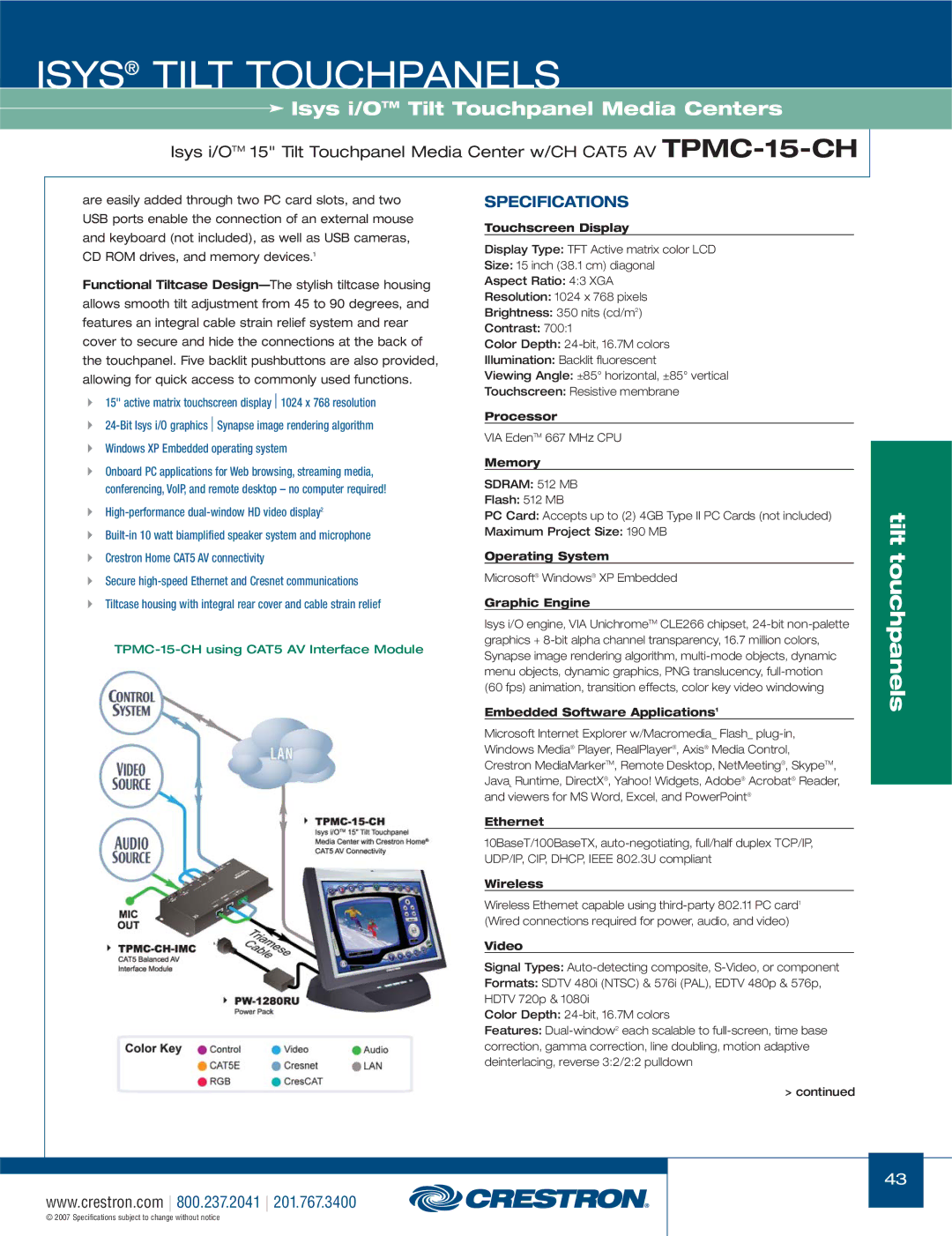 Crestron electronic TPS-3000, TPS-17W, TPS Series manual TPMC-15-CH using CAT5 AV Interface Module 