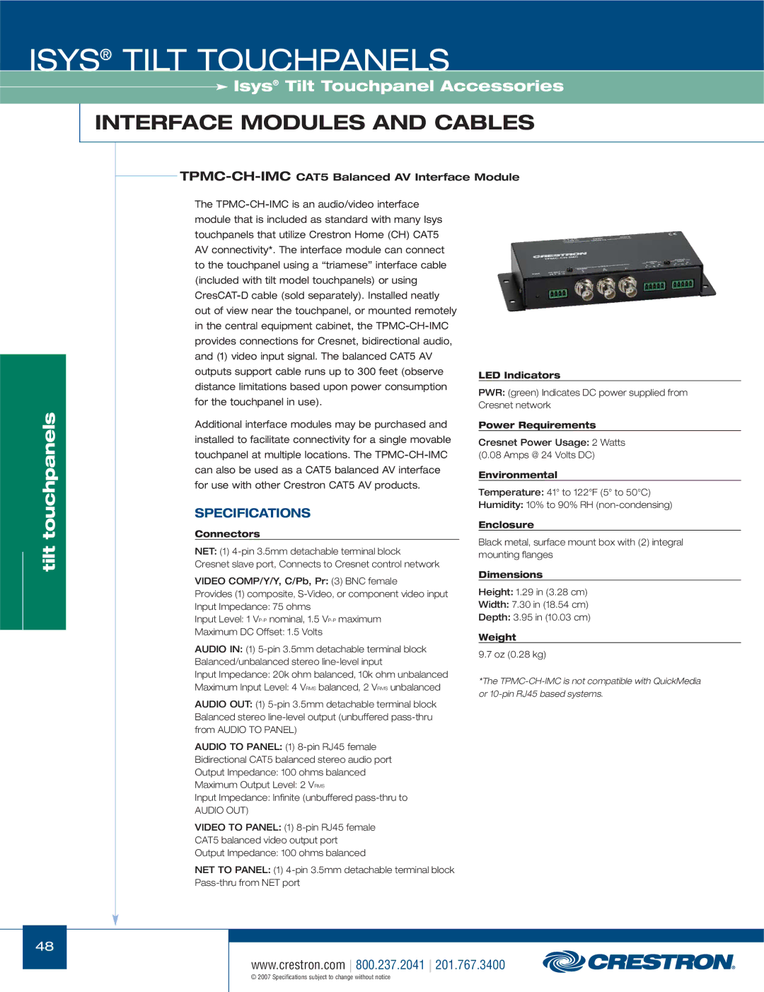 Crestron electronic TPS-17W, TPS-3000, TPS Series manual TPMC-CH-IMCCAT5 Balanced AV Interface Module, Audio OUT 