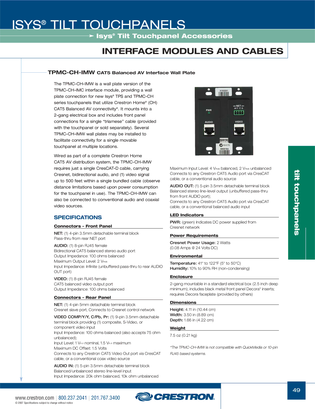 Crestron electronic TPS-3000, TPS-17W, TPS Series TPMC-CH-IMWCAT5 Balanced AV Interface Wall Plate, Connectors Front Panel 