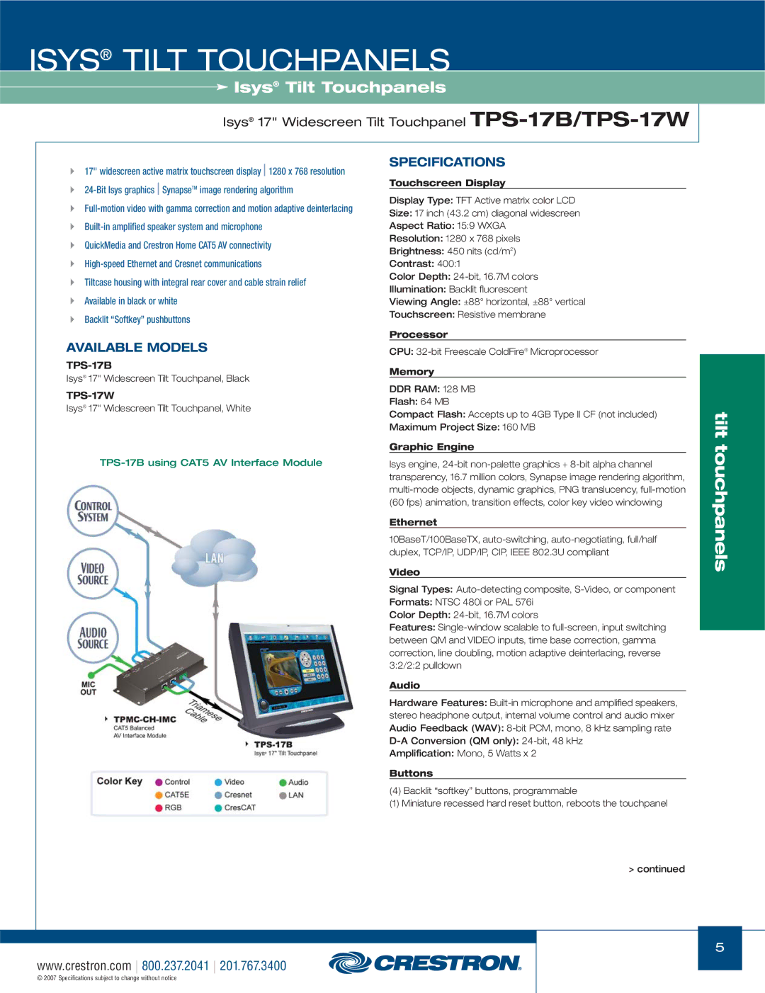 Crestron electronic TPS Series, TPS-3000 manual Isys 17 Widescreen Tilt Touchpanel TPS-17B/TPS-17W 