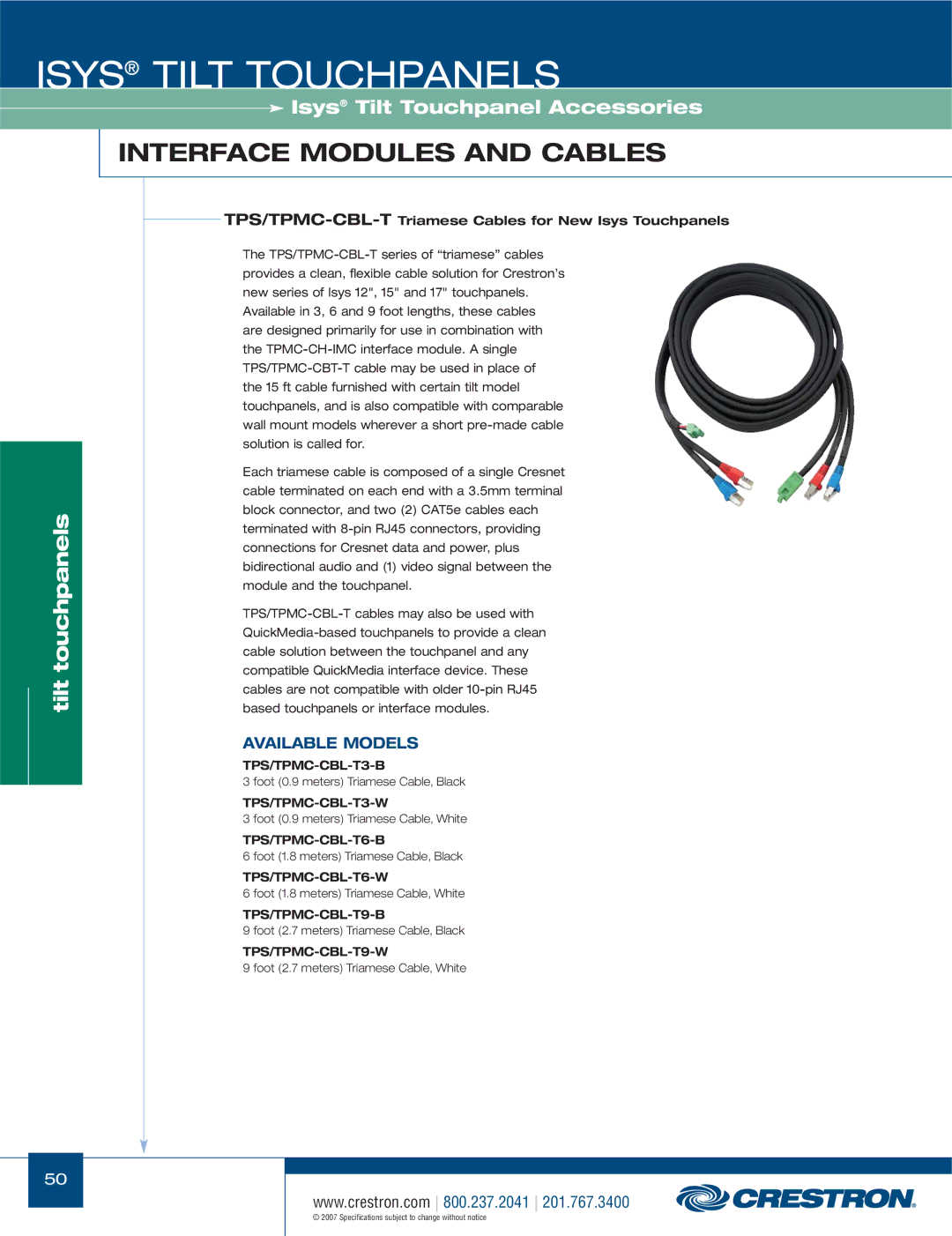 Crestron electronic TPS Series, TPS-17W, TPS-3000 manual TPS/TPMC-CBL-TTriamese Cables for New Isys Touchpanels 