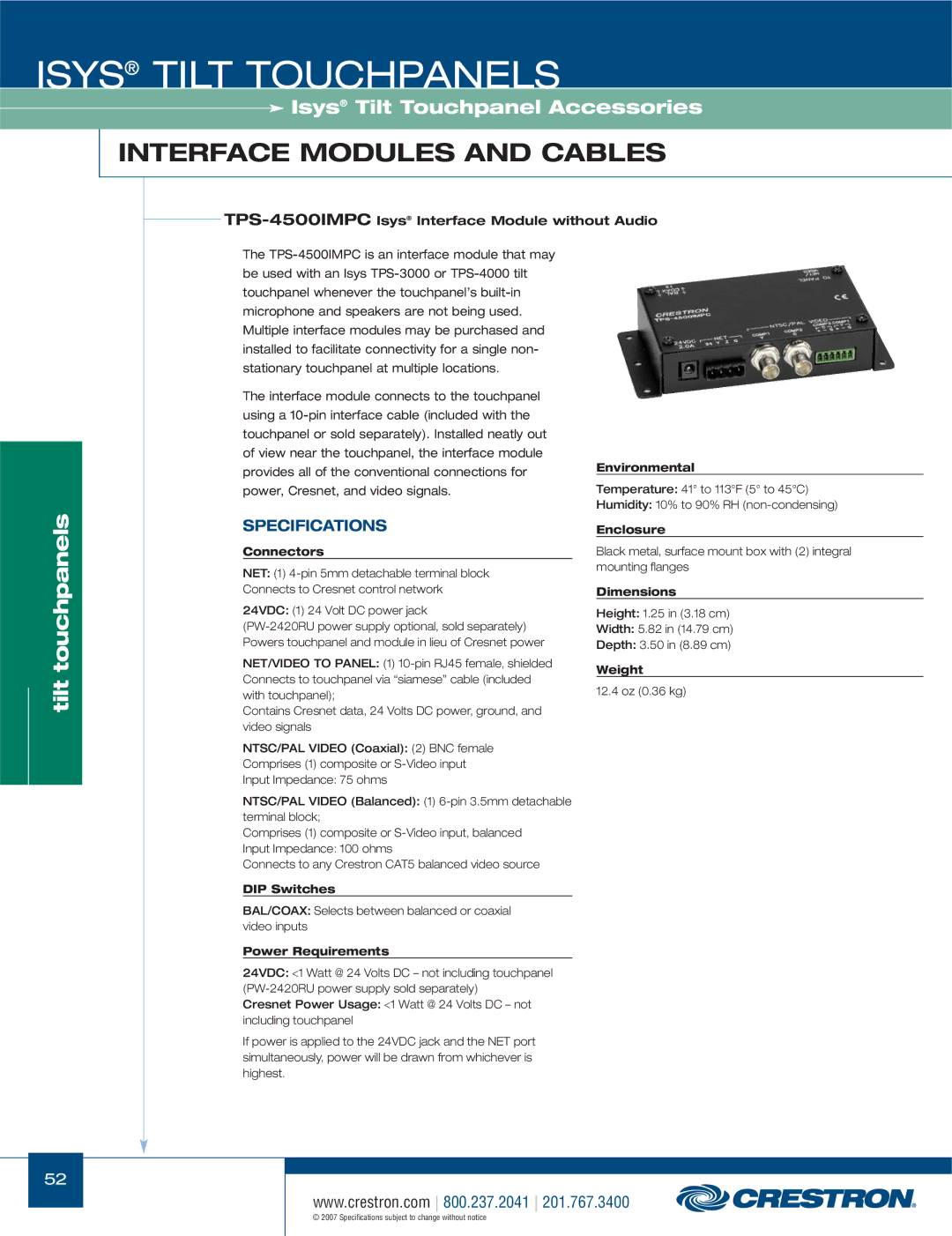 Crestron electronic TPS-3000, TPS-17W, TPS Series manual TPS-4500IMPCIsys Interface Module without Audio 