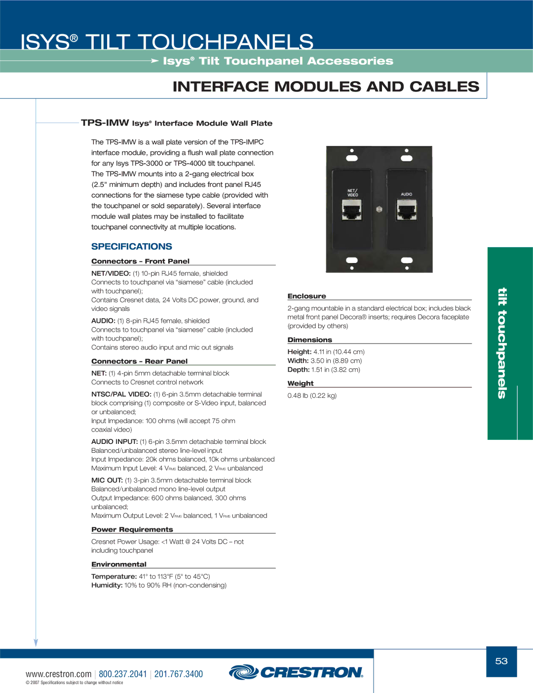 Crestron electronic TPS Series, TPS-17W, TPS-3000 manual TPS-IMWIsys Interface Module Wall Plate, Connectors Front Panel 