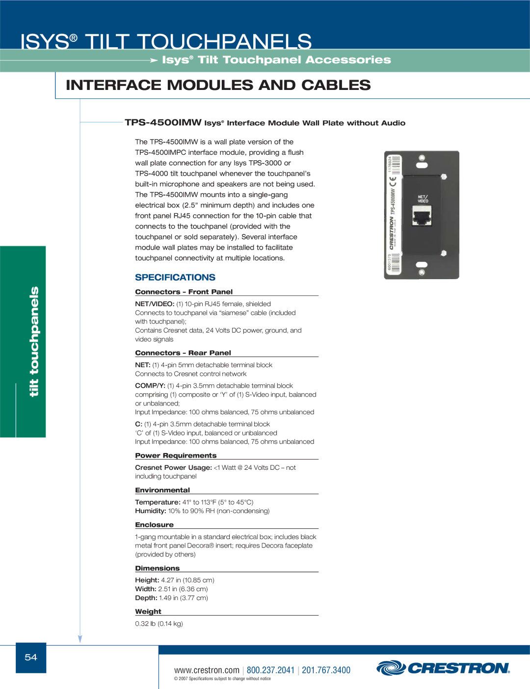 Crestron electronic TPS-17W, TPS-3000, TPS Series manual TPS-4500IMWIsys Interface Module Wall Plate without Audio 