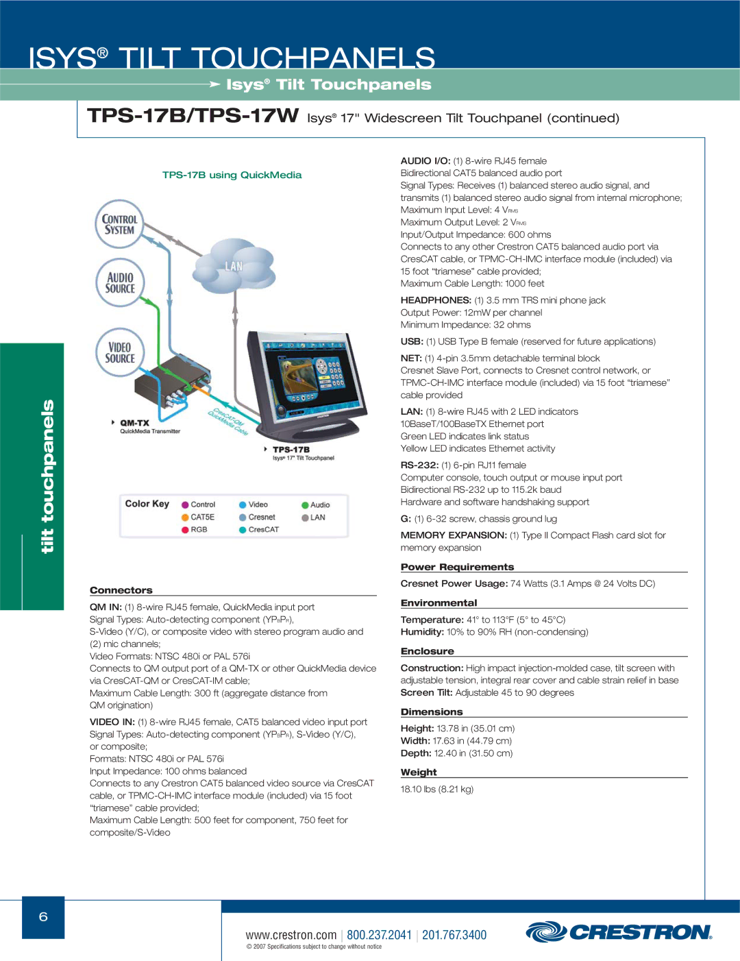 Crestron electronic TPS-17W, TPS-3000 manual Connectors, Power Requirements, Environmental, Enclosure, Dimensions, Weight 