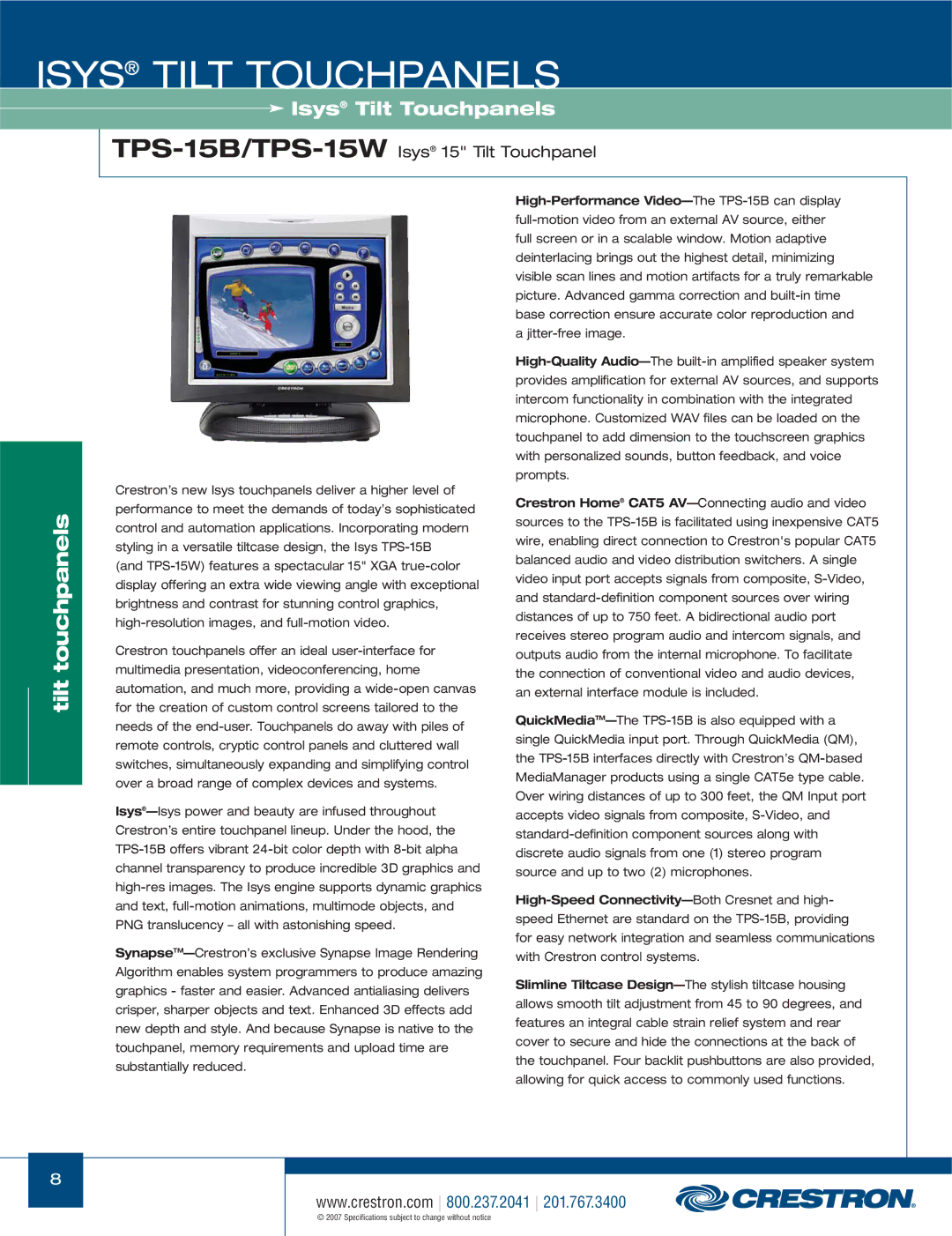 Crestron electronic TPS Series, TPS-17W, TPS-3000 manual TPS-15B/TPS-15WIsys 15 Tilt Touchpanel 