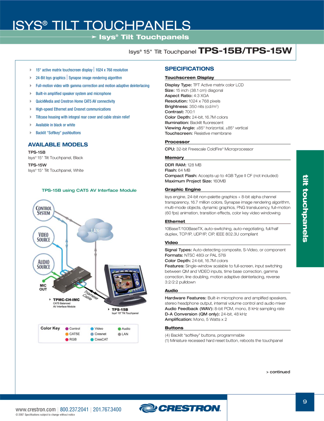 Crestron electronic TPS-17W, TPS-3000, TPS Series manual Isys 15 Tilt Touchpanel TPS-15B/TPS-15W 