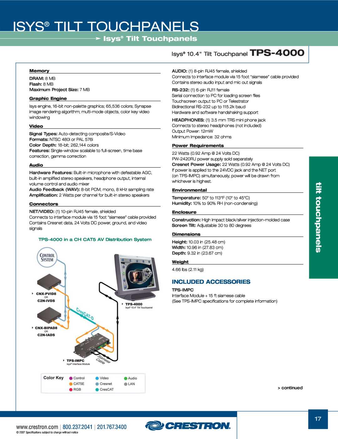 Crestron electronic TPS Series Isys 10.4 Tilt Touchpanel TPS-4000, Isys Tilt Touchpanels, tilt touchpanels, Memory, Video 