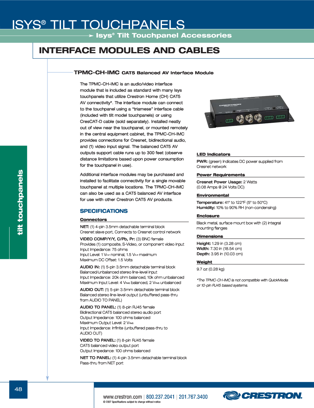 Crestron electronic TPS-17W manual TPMC-CH-IMC CAT5 Balanced AV Interface Module, Isys Tilt Touchpanels, tilt touchpanels 