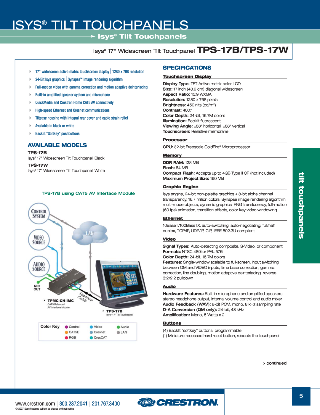 Crestron electronic TPS Series Isys 17 Widescreen Tilt Touchpanel TPS-17B/TPS-17W, Specifications, Available Models, Video 