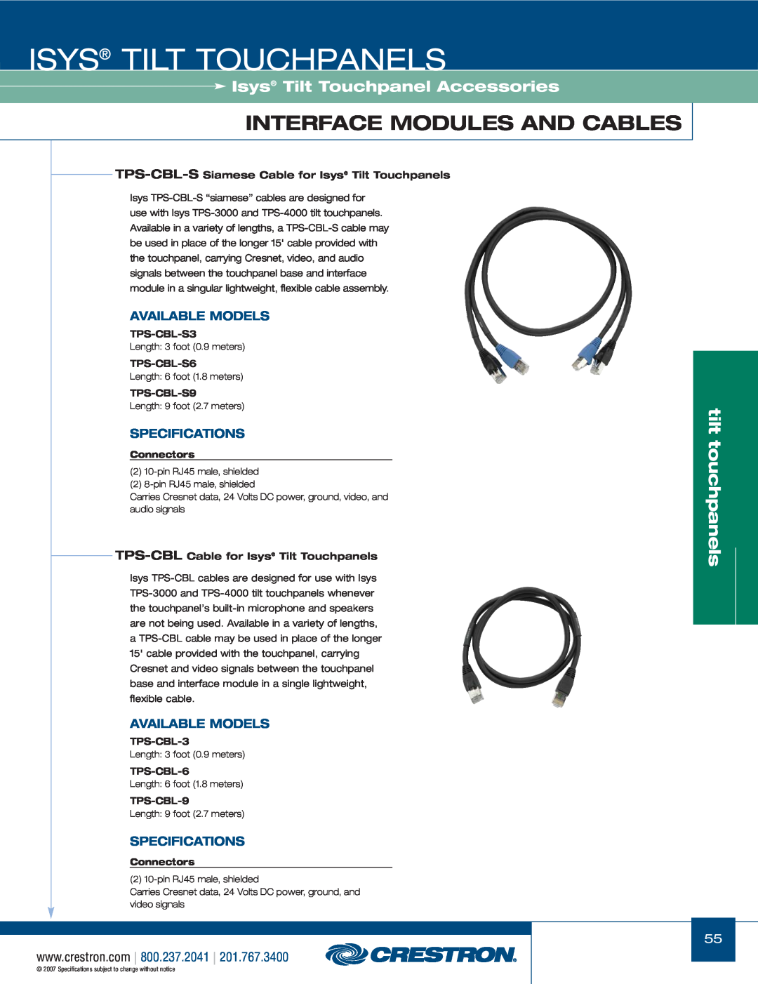Crestron electronic TPS-3000 manual TPS-CBL-S Siamese Cable for Isys Tilt Touchpanels, TPS-CBL-S3, TPS-CBL-S6, TPS-CBL-S9 