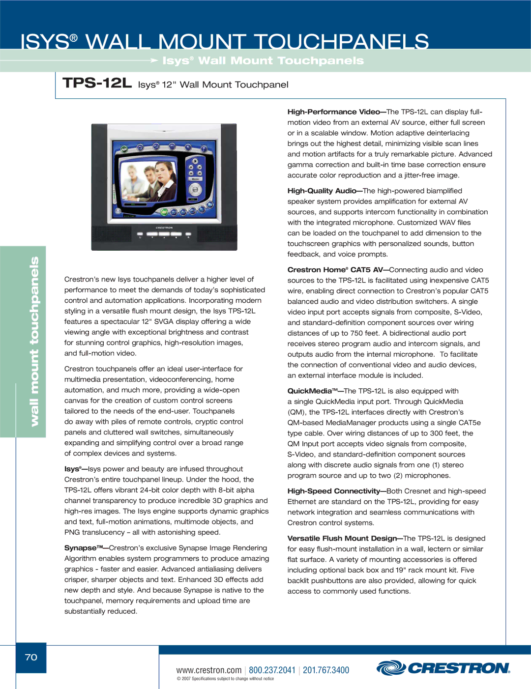 Crestron electronic TPS-17L, TPS-4000L, TPS-3100L, TPS-15L manual TPS-12LIsys 12 Wall Mount Touchpanel 